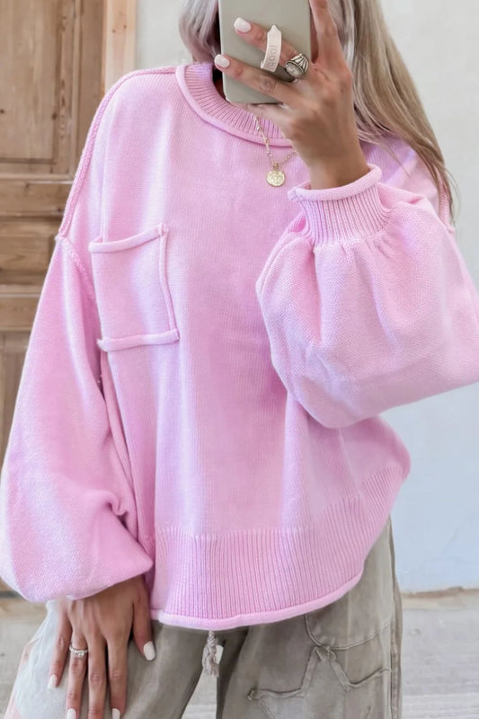 Roll Hem Ribbed Detail Drop Shoulder Sweater-TOPS / DRESSES-[Adult]-[Female]-Pink Purple-S-2022 Online Blue Zone Planet