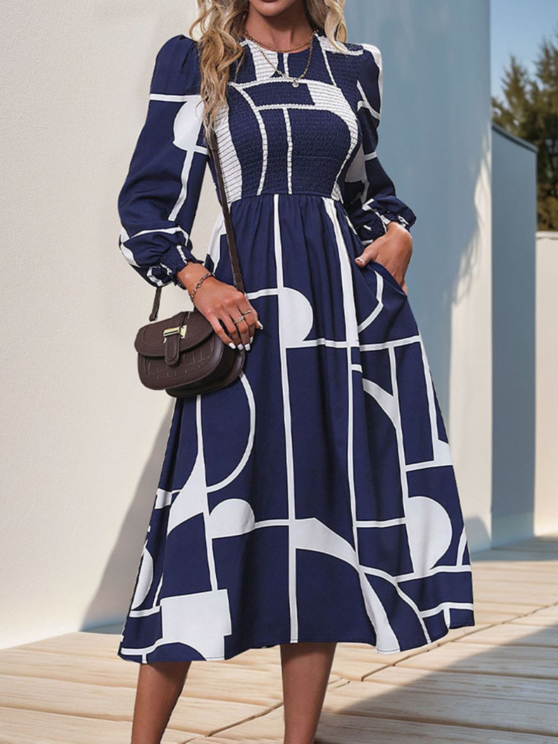 Blue Zone Planet | Smocked Color Block Long Sleeve Midi Dress-TOPS / DRESSES-[Adult]-[Female]-2022 Online Blue Zone Planet