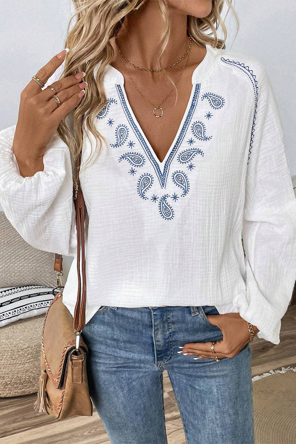 White Paisley Embroidered Crinkle Split Neck Blouse-Blouses-[Adult]-[Female]-2022 Online Blue Zone Planet