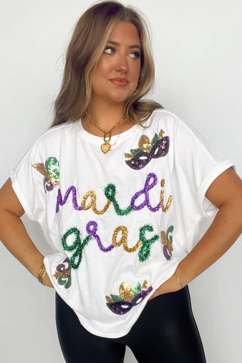 White Mardi Gras Tinsel Sequin Graphic T Shirt-Graphic/Graphic Tees-[Adult]-[Female]-2022 Online Blue Zone Planet