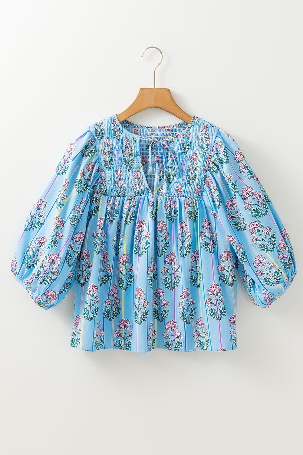Blue Zone Planet | Sky Blue Floral Striped Print Tie Shirred Splie Neck Blouse-Tops/Blouses & Shirts-[Adult]-[Female]-2022 Online Blue Zone Planet