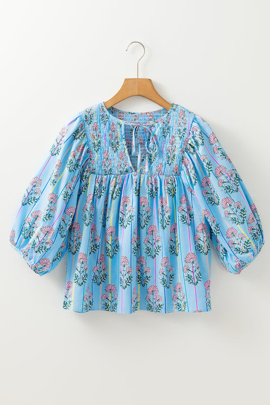 Blue Zone Planet | Sky Blue Floral Striped Print Tie Shirred Splie Neck Blouse-Tops/Blouses & Shirts-[Adult]-[Female]-2022 Online Blue Zone Planet