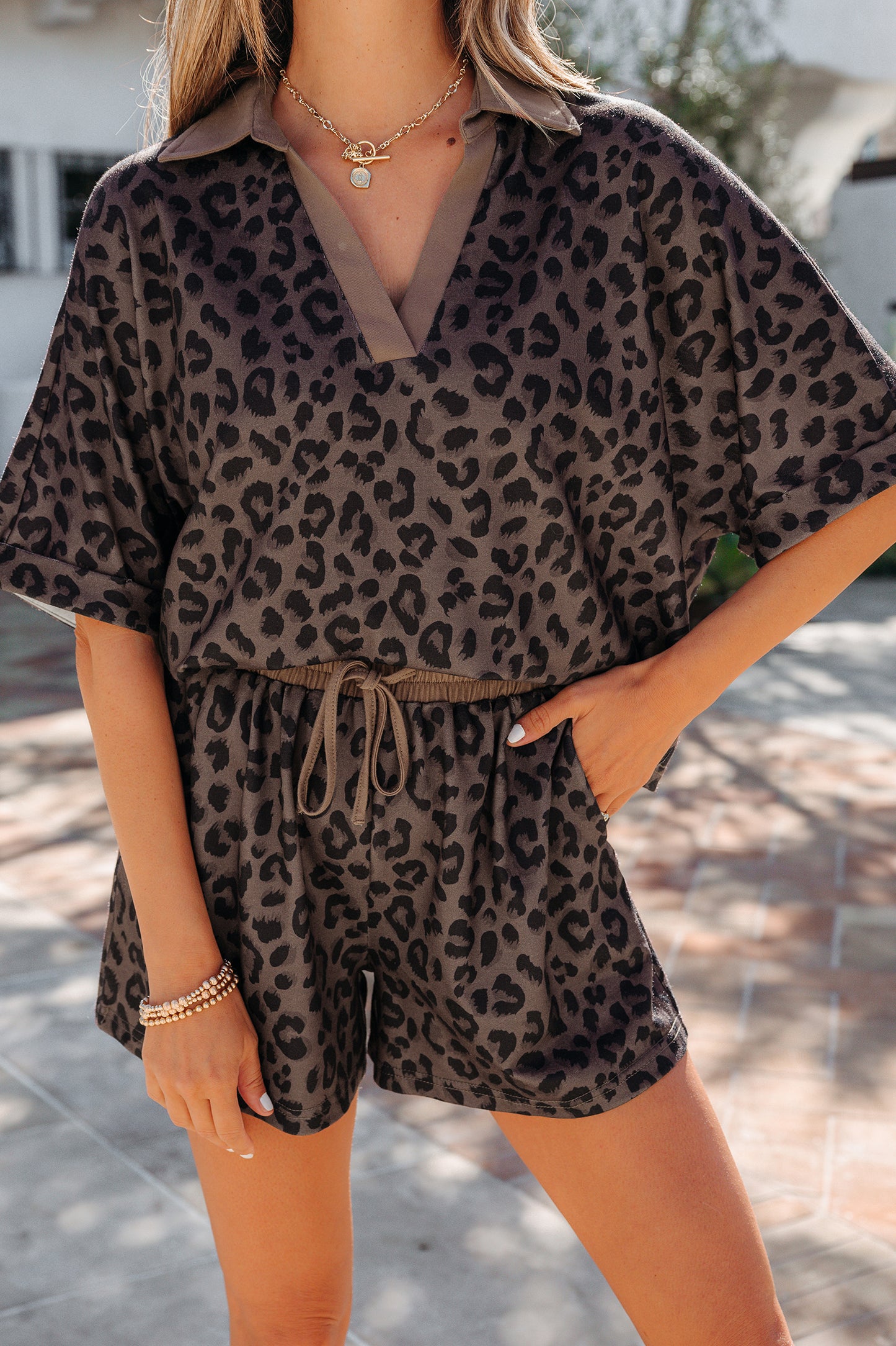 Brown V Neck Collar Leopard Printed 2pcs Short Set-Two Piece Sets/Short Sets-[Adult]-[Female]-2022 Online Blue Zone Planet