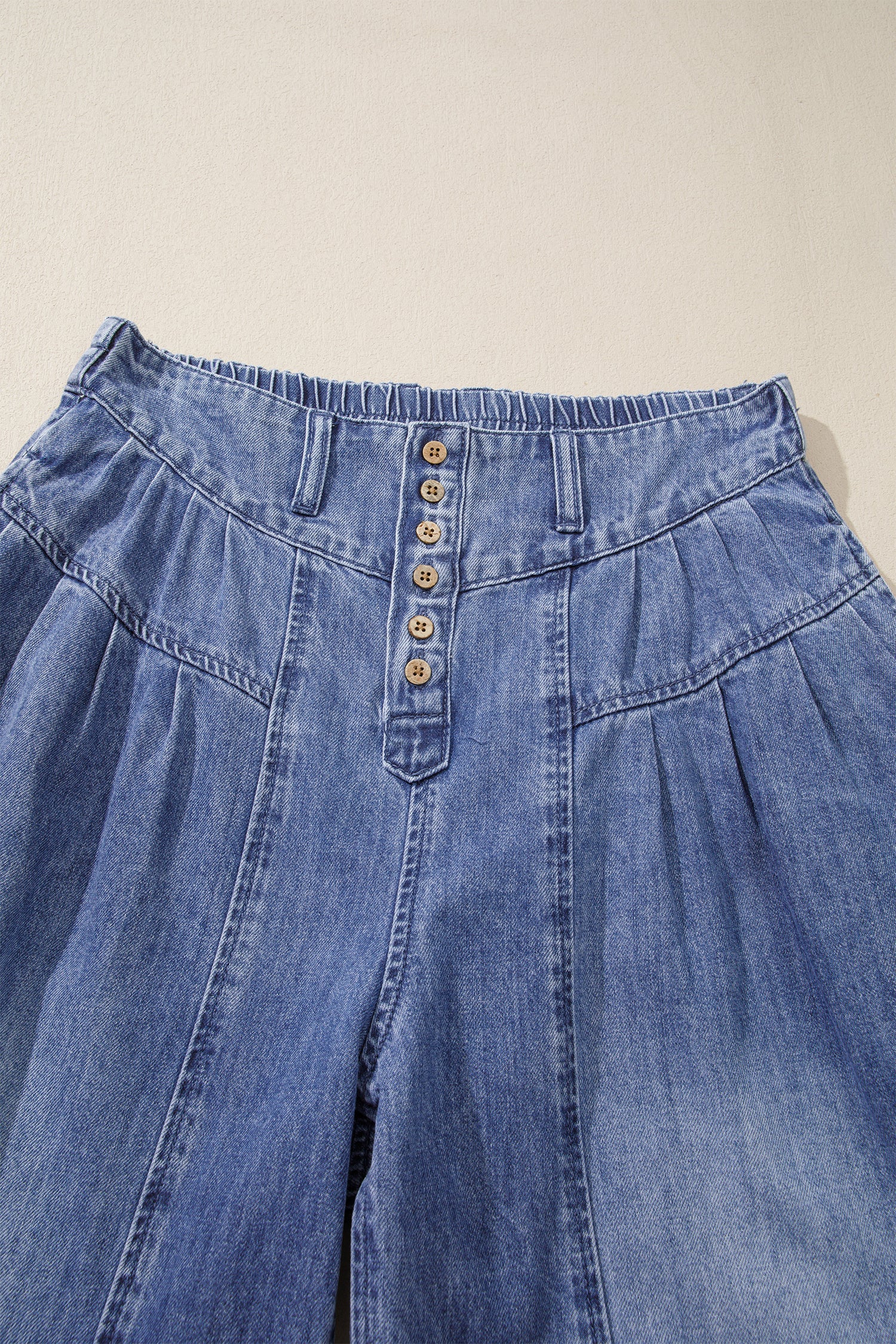 Dusk Blue High Rise Buttons Pleated Cropped Wide Leg Denim Pants-Bottoms/Jeans-[Adult]-[Female]-2022 Online Blue Zone Planet