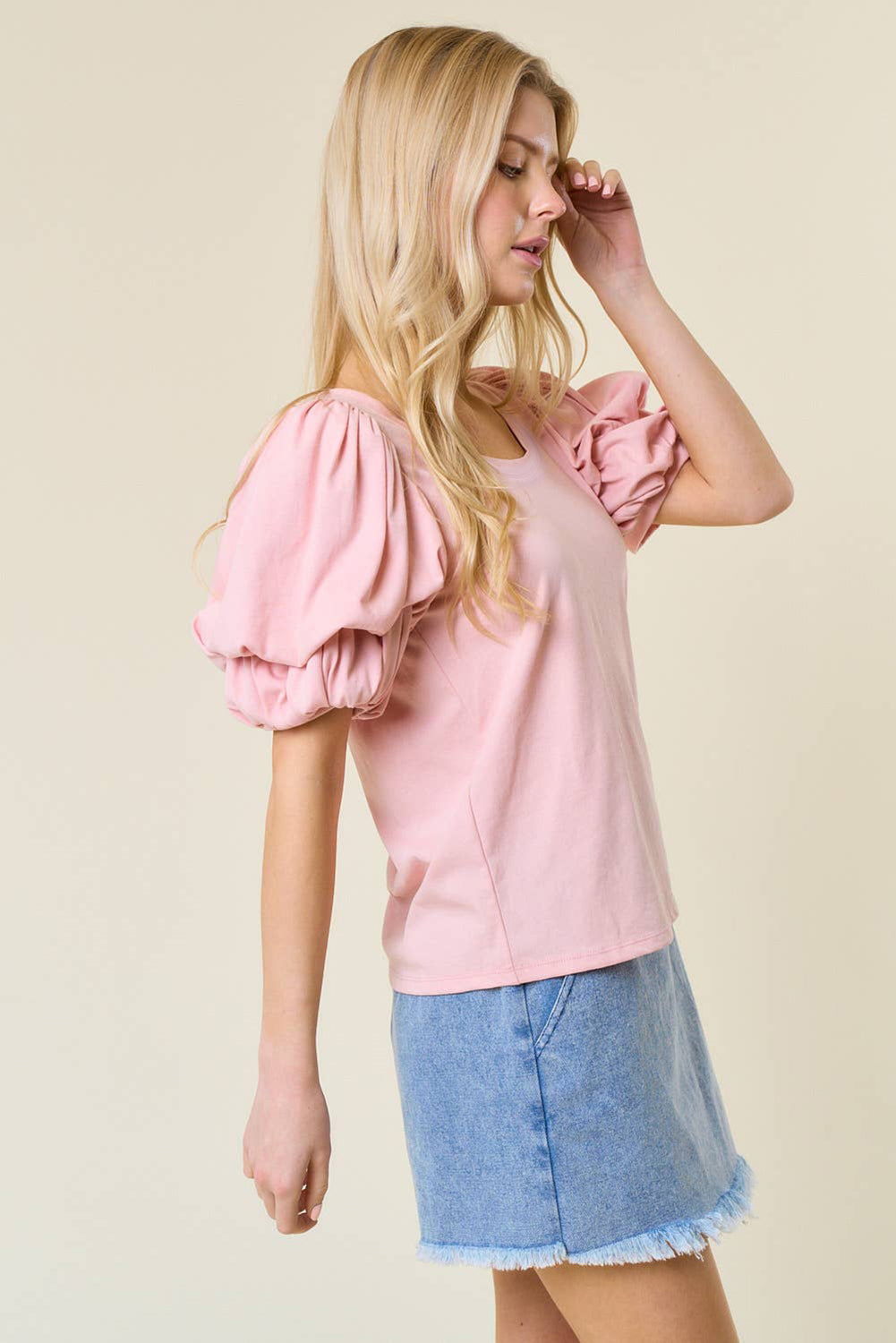 Light Pink Scoop Neck Bubble Sleeve Tee-Tops/Blouses & Shirts-[Adult]-[Female]-2022 Online Blue Zone Planet
