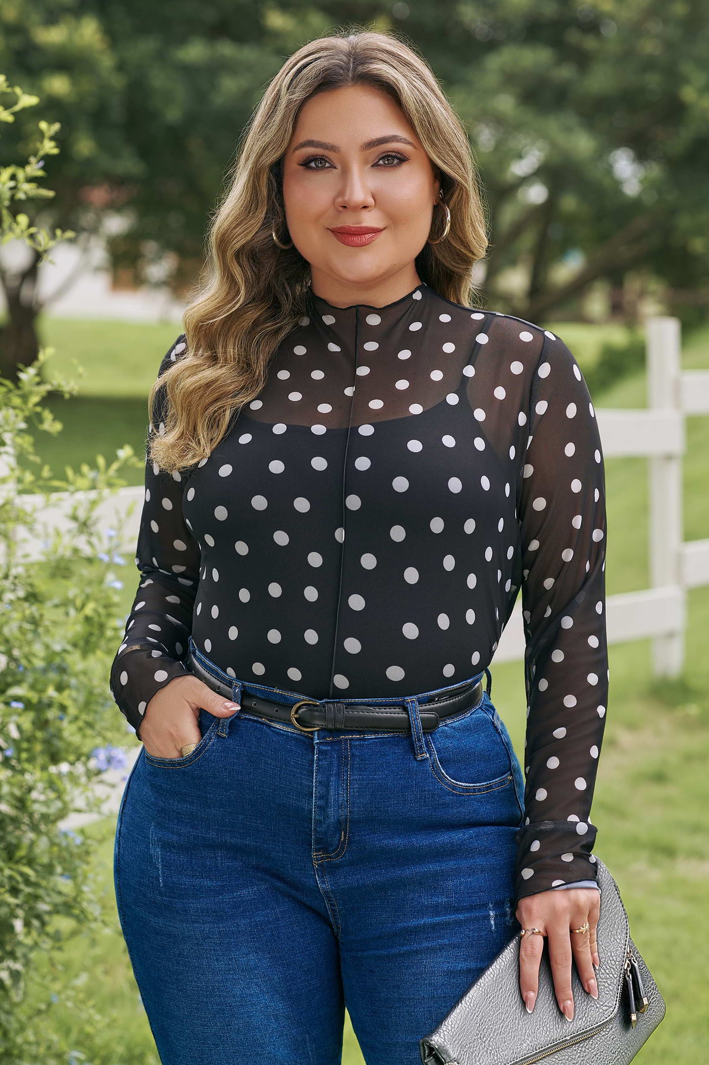 Black Plus Size Mock Neck Polka Dot Long Sleeve Mesh Top-Plus Size/Plus Size Tops/Plus Size Long Sleeve Tops-[Adult]-[Female]-2022 Online Blue Zone Planet