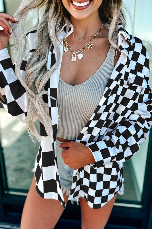 Black Checkerboard Flap Pocket Button Front Shacket-Outerwear/Plaid Shackets-[Adult]-[Female]-Black-S-2022 Online Blue Zone Planet
