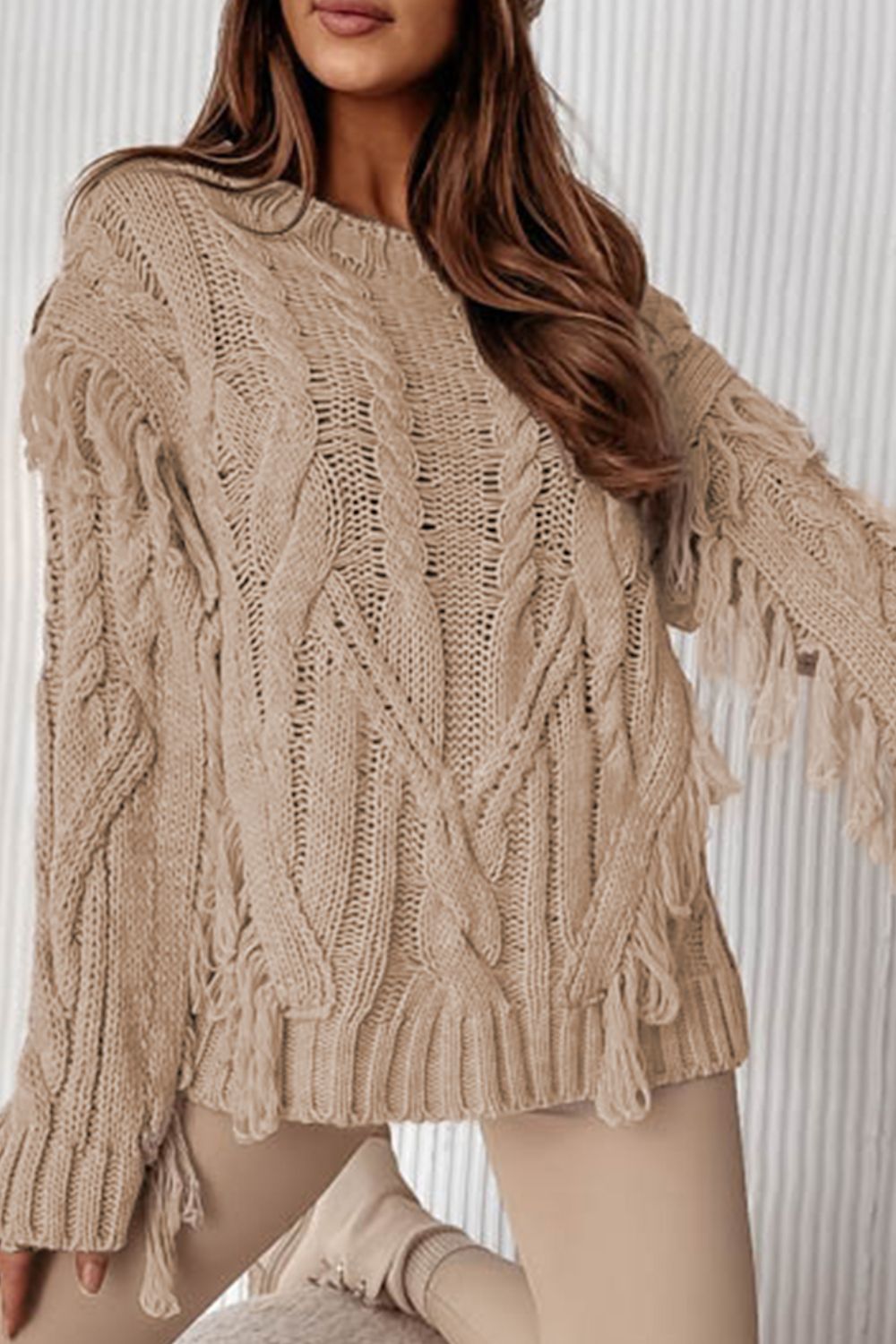 Blue Zone Planet | Cable Knit Fringe Round Neck Long Sleeve Sweater-TOPS / DRESSES-[Adult]-[Female]-2022 Online Blue Zone Planet