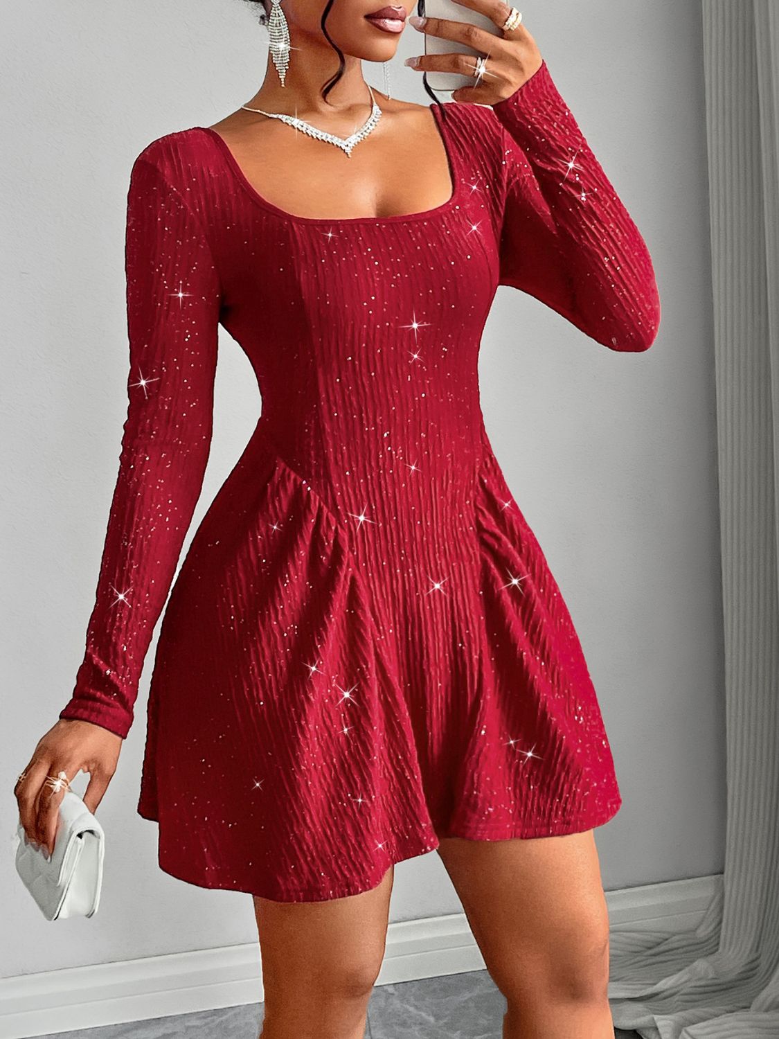 Blue Zone Planet | Backless Glitter Square Neck Long Sleeve Mini Dress-TOPS / DRESSES-[Adult]-[Female]-2022 Online Blue Zone Planet