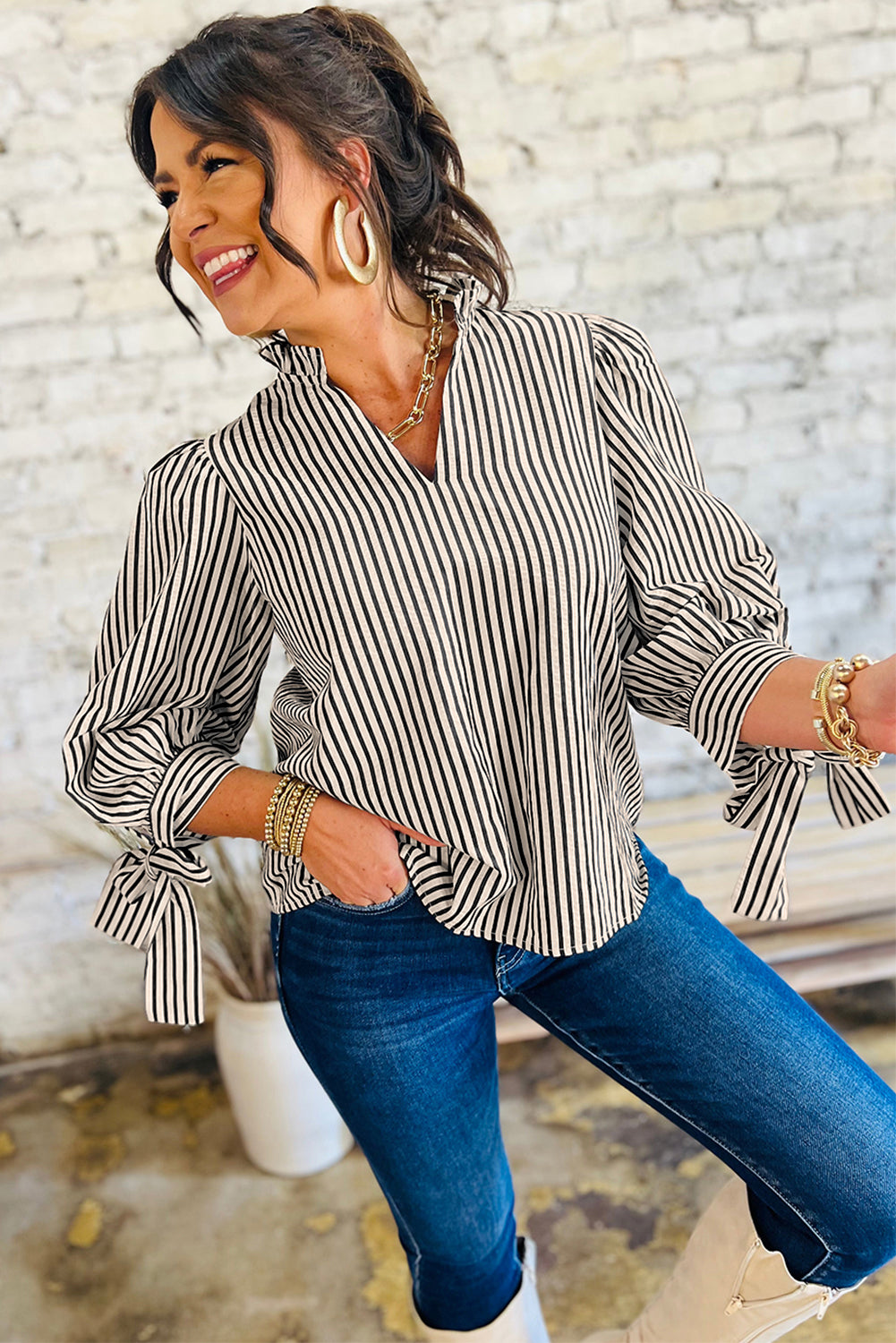 Black Stripe Knotted Cuff Long Sleeve V Neck Blouse-Tops/Blouses & Shirts-[Adult]-[Female]-2022 Online Blue Zone Planet