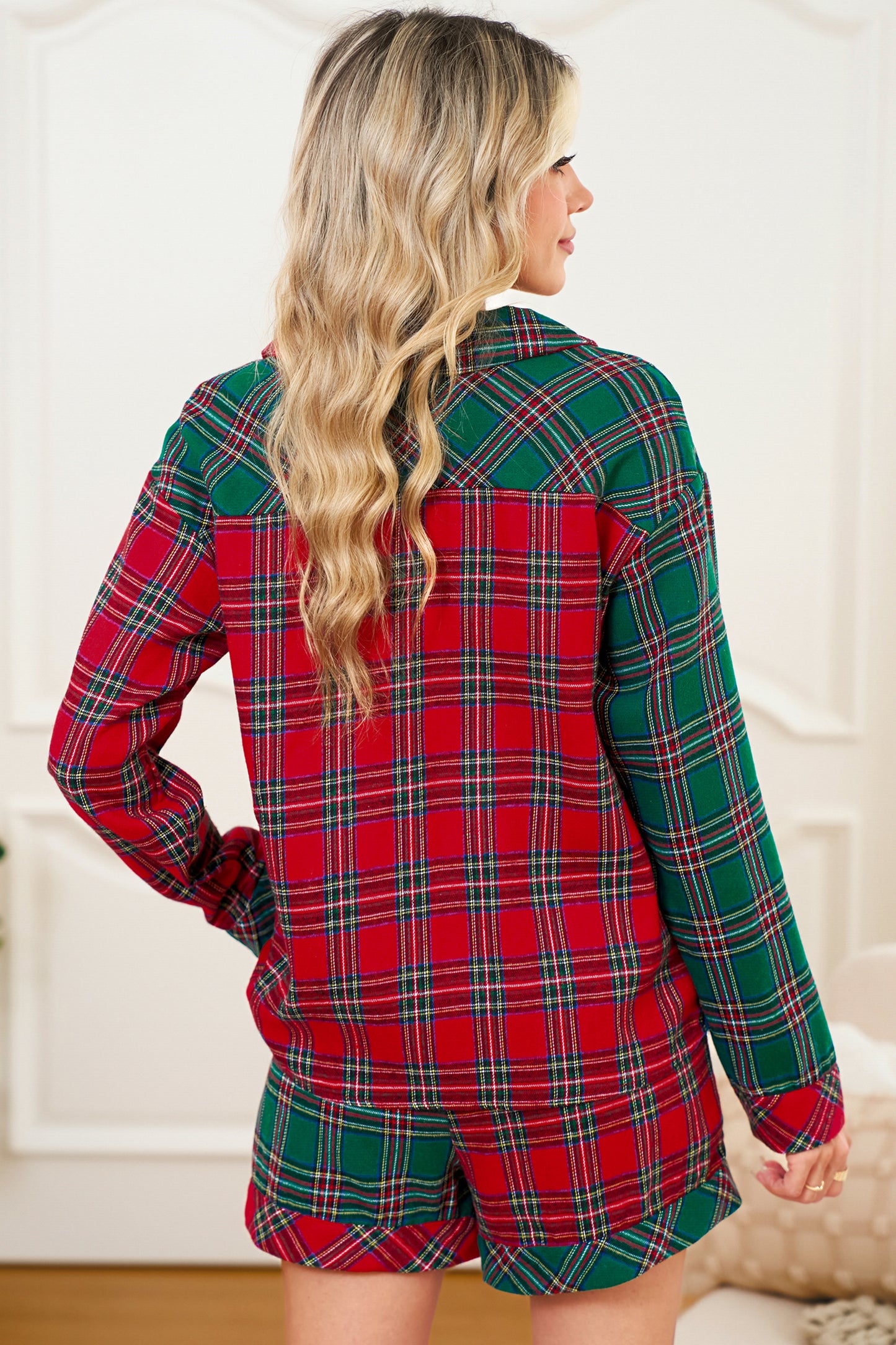 Green Plaid Christmas Holiday Patchwork Long Sleeve Shirt and Shorts Pajama Set-Loungewear Set-[Adult]-[Female]-2022 Online Blue Zone Planet
