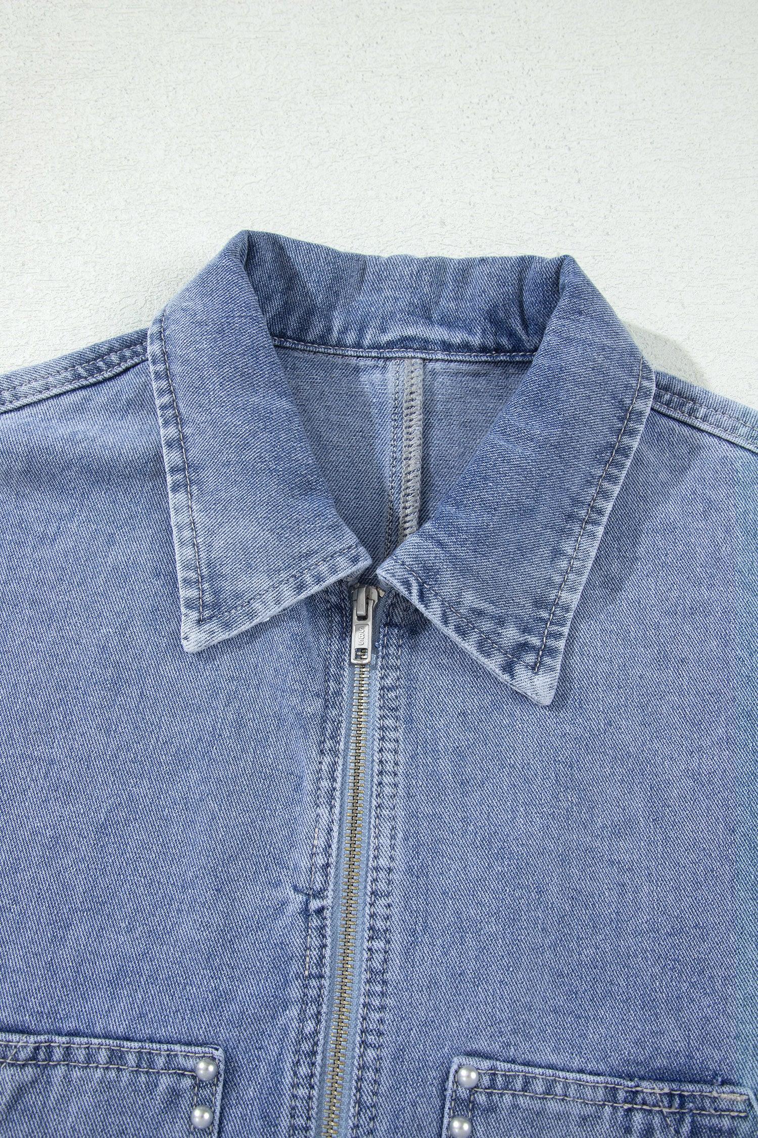 Beau Blue Studded Metal Zipper Rivet Pockets Long Sleeve Denim Jacket-Outerwear/Denim jackets-[Adult]-[Female]-2022 Online Blue Zone Planet