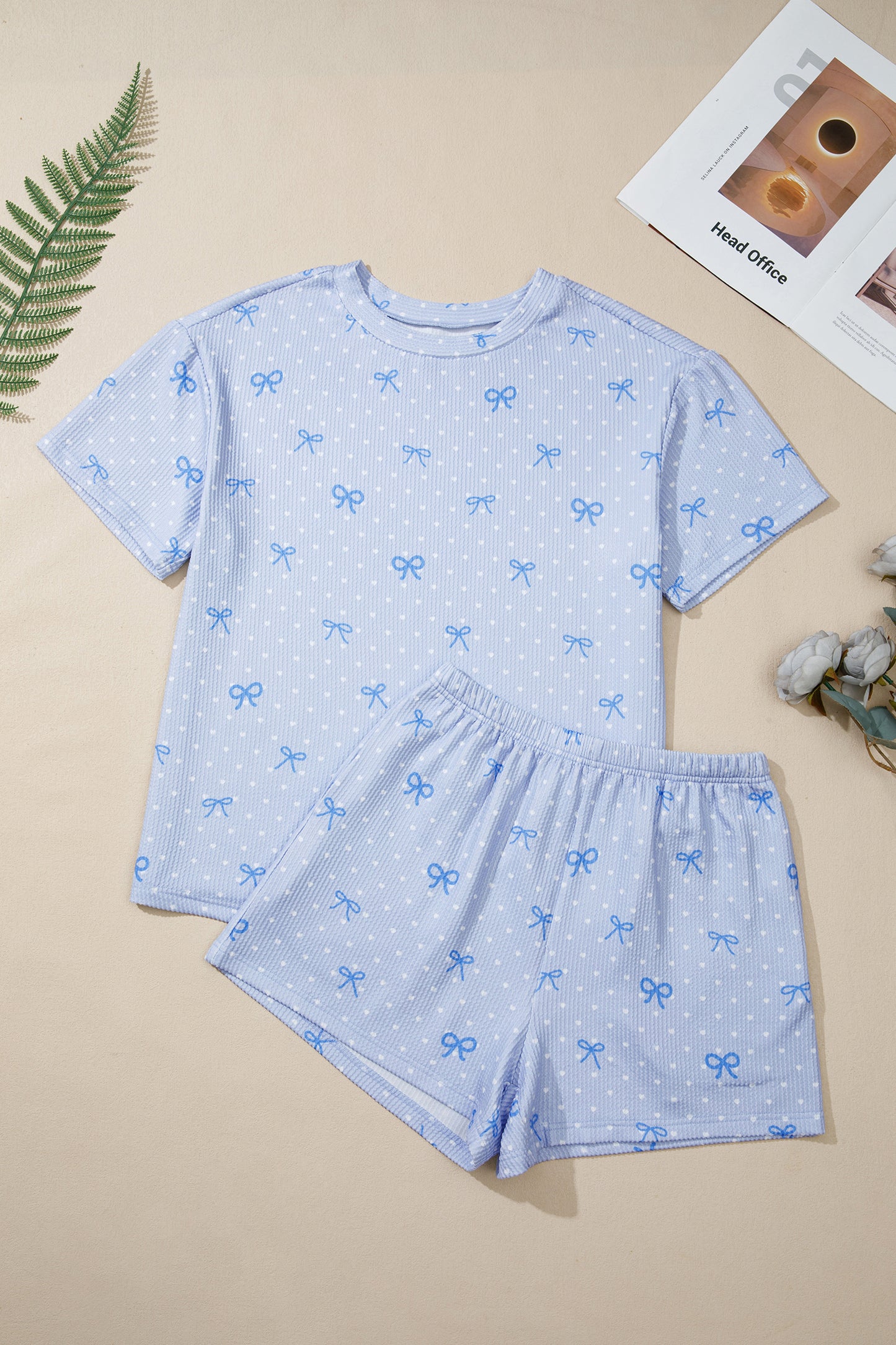 Sky Blue Tiny Heart Bow Print Twisted Rib Loose 2pcs Short Set-Two Piece Sets/Short Sets-[Adult]-[Female]-2022 Online Blue Zone Planet