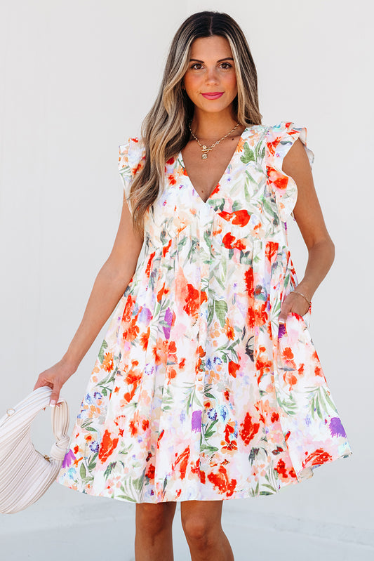 Pink Floral Double Ruffle Sleeve V Neck High Waist Mini Dress-TOPS / DRESSES-[Adult]-[Female]-Pink-S-2022 Online Blue Zone Planet