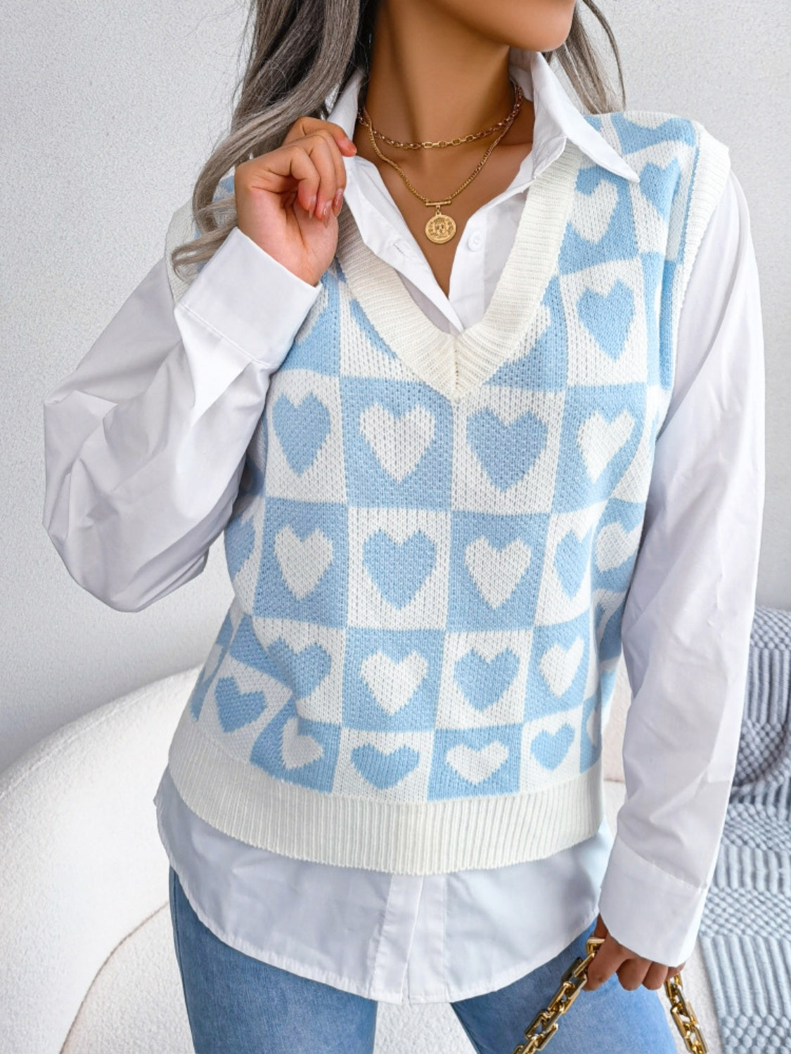 Blue Zone Planet | Heart V-Neck Sweater Vest-TOPS / DRESSES-[Adult]-[Female]-2022 Online Blue Zone Planet