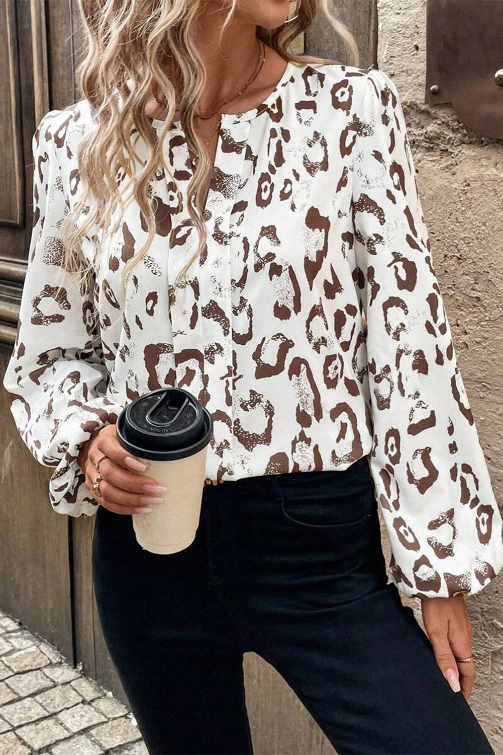 Khaki Leopard Print Split Neck Balloon Sleeve Blouse-Tops/Blouses & Shirts-[Adult]-[Female]-2022 Online Blue Zone Planet