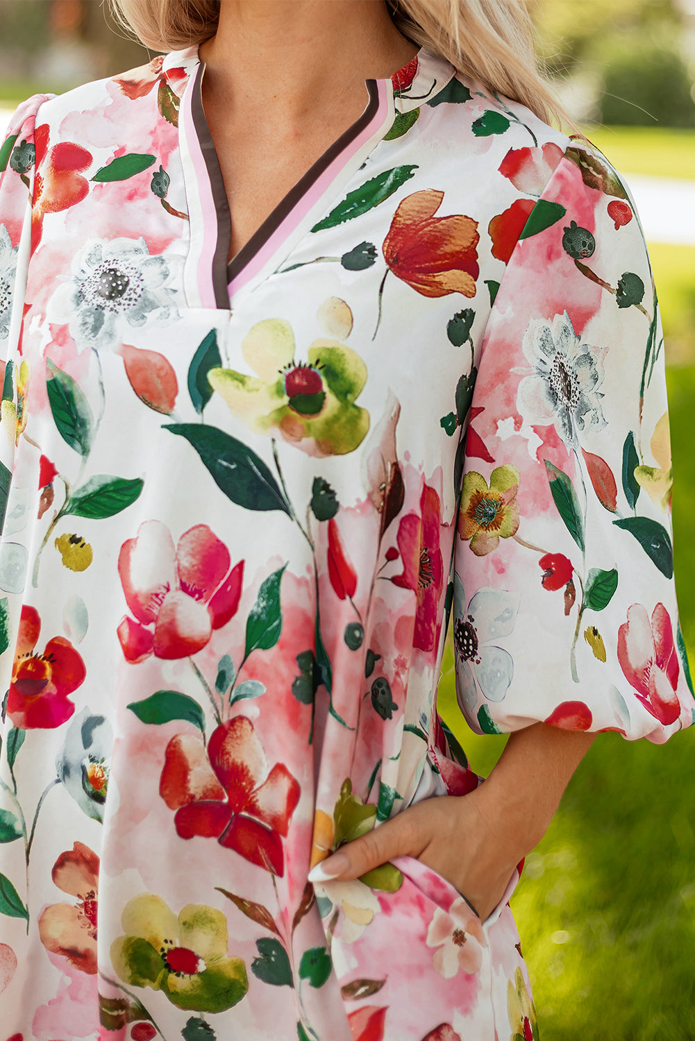 Red Floral Contrast Striped V Neck Puff Half Sleeve Shift Dress-TOPS / DRESSES-[Adult]-[Female]-2022 Online Blue Zone Planet