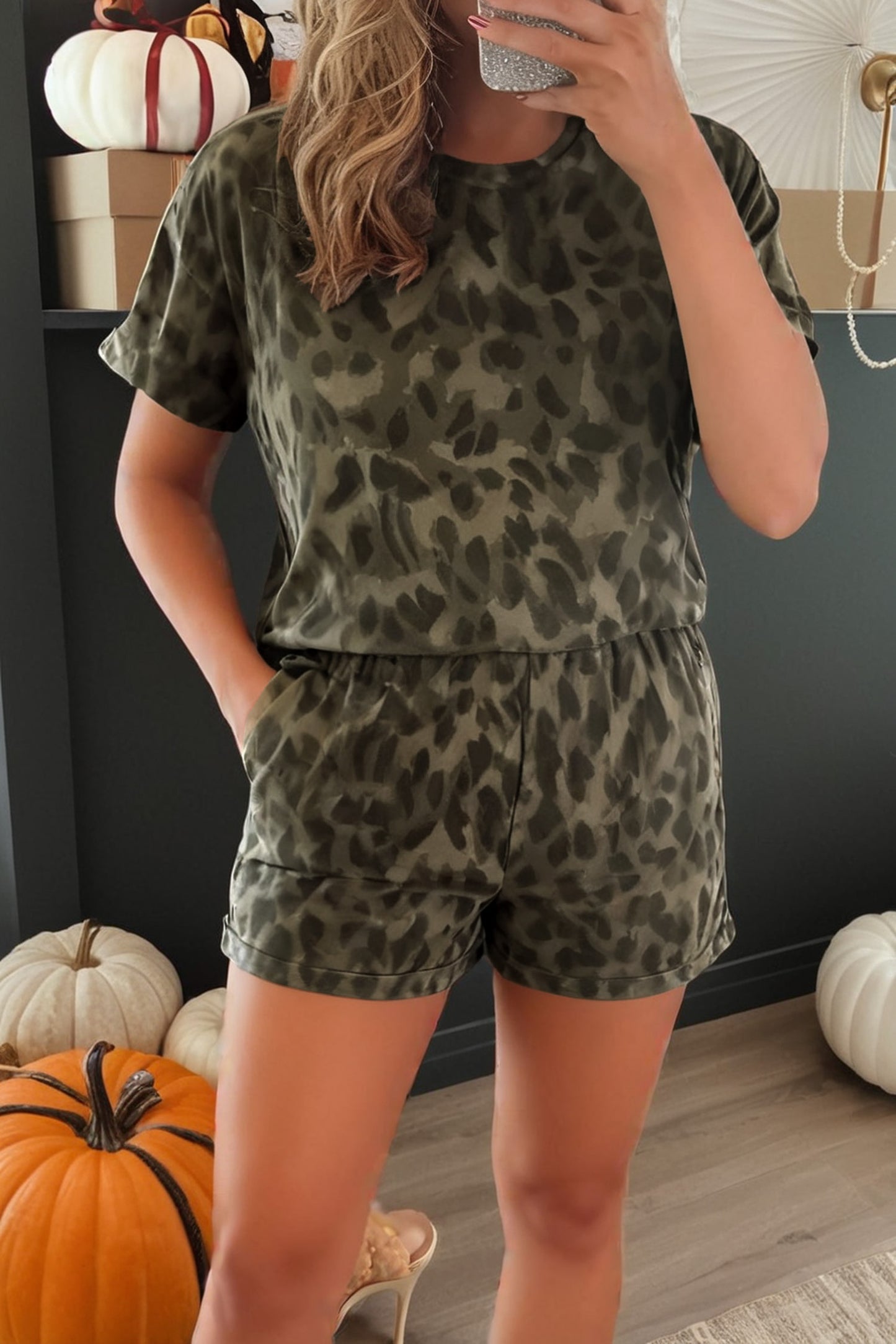 Brown Leopard Print Crew Neck Short Set-Two Piece Sets/Short Sets-[Adult]-[Female]-Brown-S-2022 Online Blue Zone Planet
