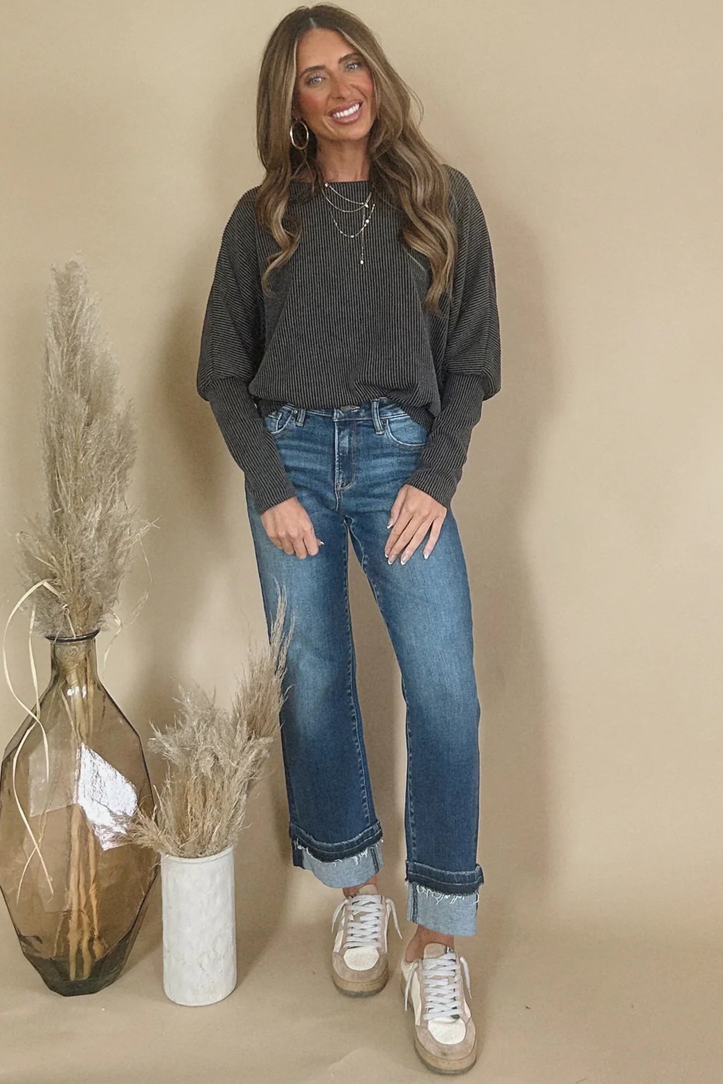 Carbon Grey Twisted Ribbed Dolman Long Sleeve Top-Tops/Long Sleeve Tops-[Adult]-[Female]-2022 Online Blue Zone Planet