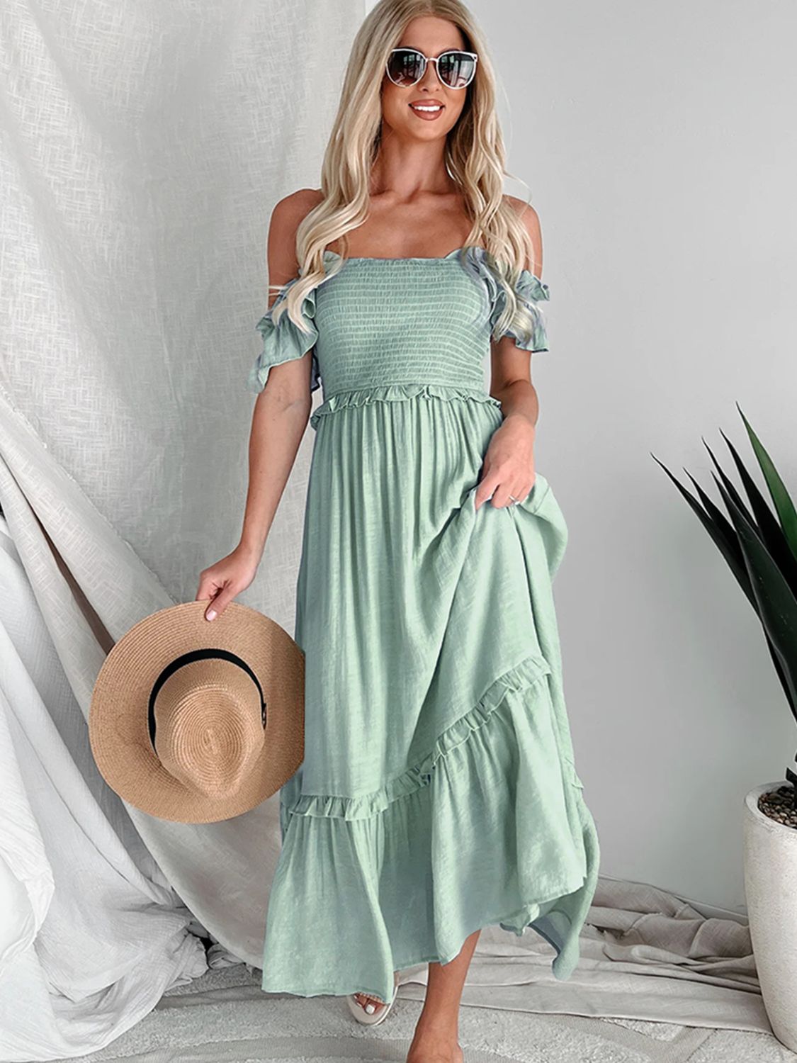 Blue Zone Planet | Frill Smocked Off-Shoulder Ruffle Sleeve Dress-TOPS / DRESSES-[Adult]-[Female]-2022 Online Blue Zone Planet