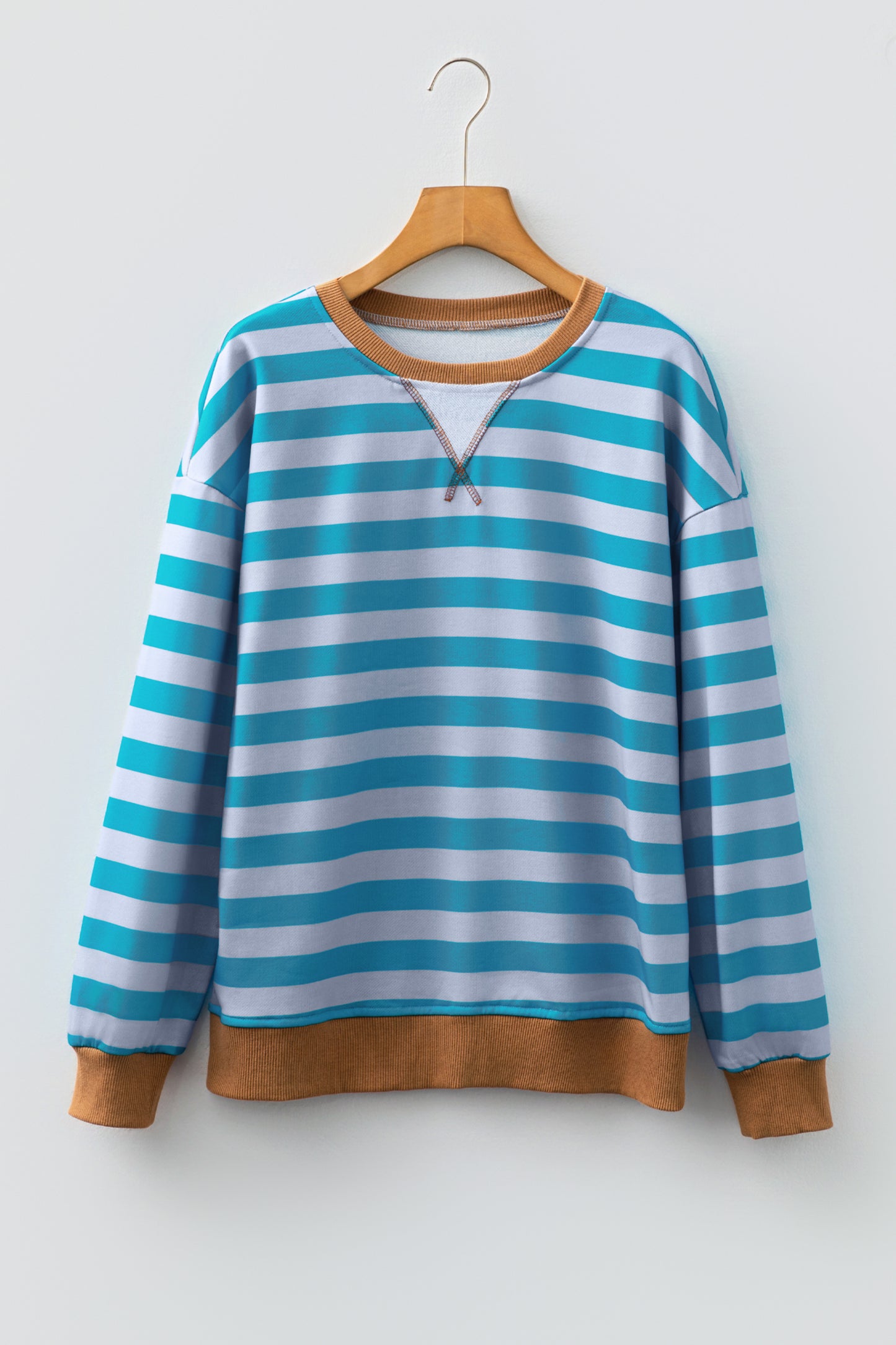 Sky Blue Stripe Contrast Color Ribbed Trim Round Neck Drop Shoulder Sweatshirt-Tops/Sweatshirts & Hoodies-[Adult]-[Female]-2022 Online Blue Zone Planet
