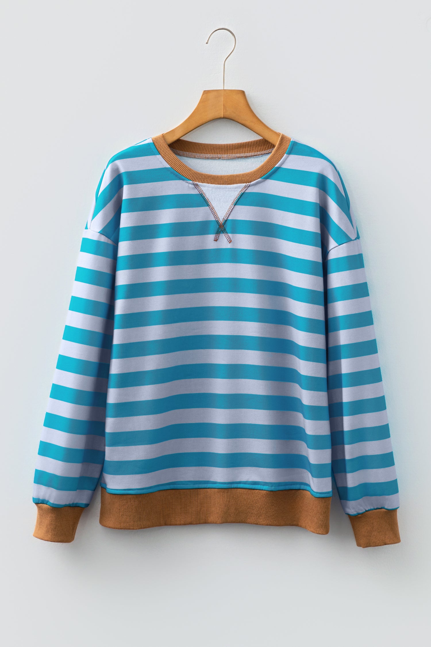 Sky Blue Stripe Contrast Color Ribbed Trim Round Neck Drop Shoulder Sweatshirt-Tops/Sweatshirts & Hoodies-[Adult]-[Female]-2022 Online Blue Zone Planet