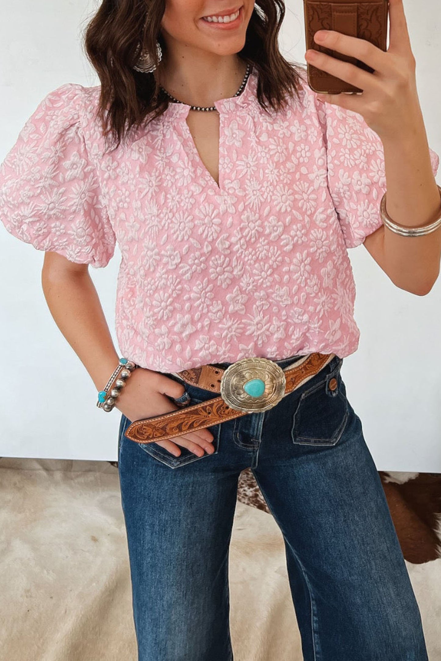 Iceland Blue Floral Textured Jacquard Puff Sleeve Blouse-Tops/Blouses & Shirts-[Adult]-[Female]-Apricot Pink-S-2022 Online Blue Zone Planet