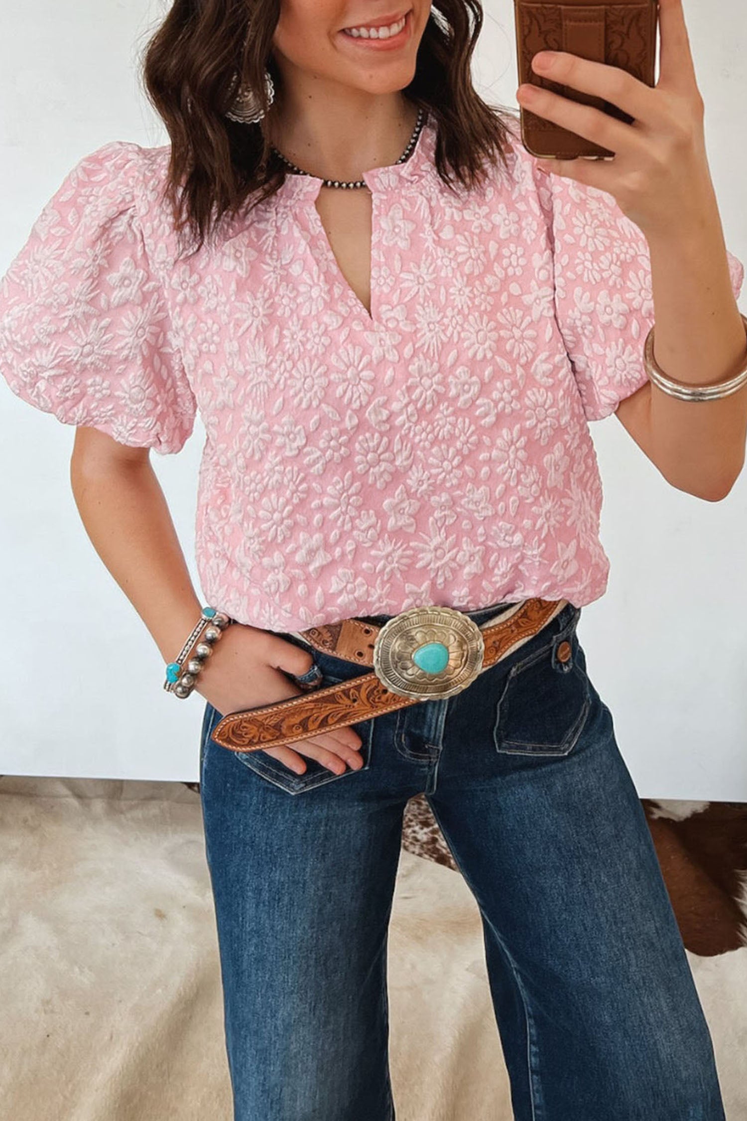Iceland Blue Floral Textured Jacquard Puff Sleeve Blouse-Tops/Blouses & Shirts-[Adult]-[Female]-Apricot Pink-S-2022 Online Blue Zone Planet