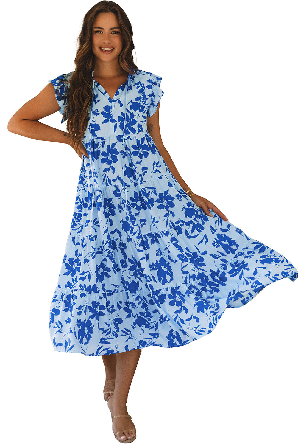 Sky Blue Floral Print Tiered Flutter Sleeve Maxi Dress-Maxi Dresses-[Adult]-[Female]-2022 Online Blue Zone Planet