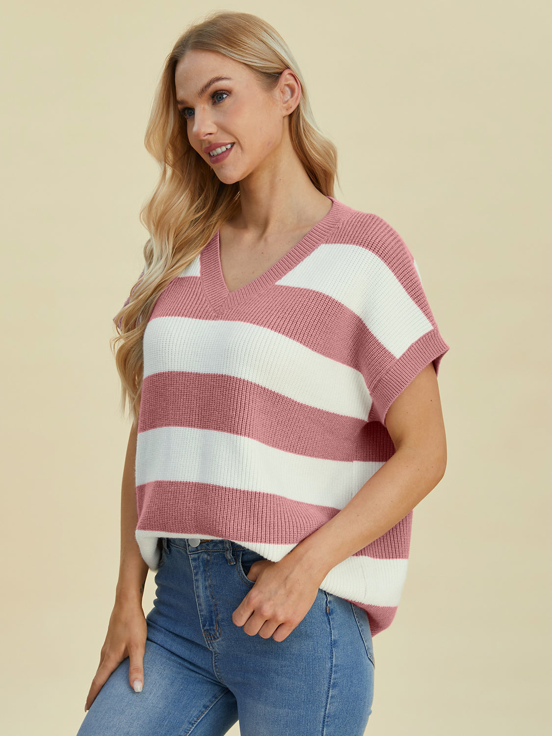 Double Take Full Size Striped V-Neck Short Sleeve Sweater-TOPS / DRESSES-[Adult]-[Female]-2022 Online Blue Zone Planet