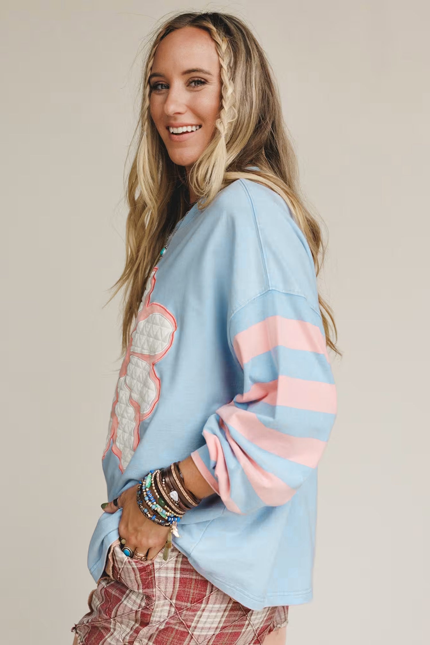 Beau Blue Big Flower Patch Drop Shoulder Striped Long Sleeve Top-Tops/Long Sleeve Tops-[Adult]-[Female]-2022 Online Blue Zone Planet