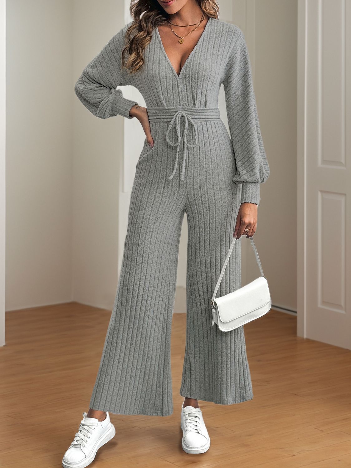 V-Neck Long Sleeve Wide Leg Jumpsuit-TOPS / DRESSES-[Adult]-[Female]-2022 Online Blue Zone Planet