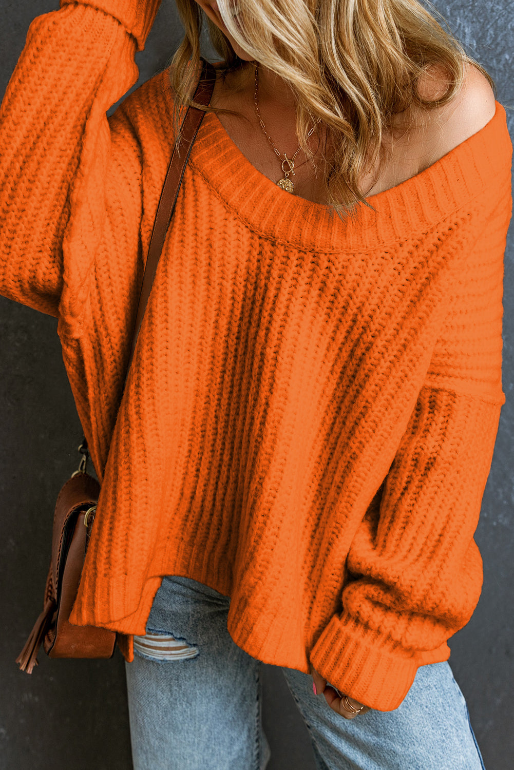 Orange Ribbed Knit Round Neck Slouchy Chunky Sweater