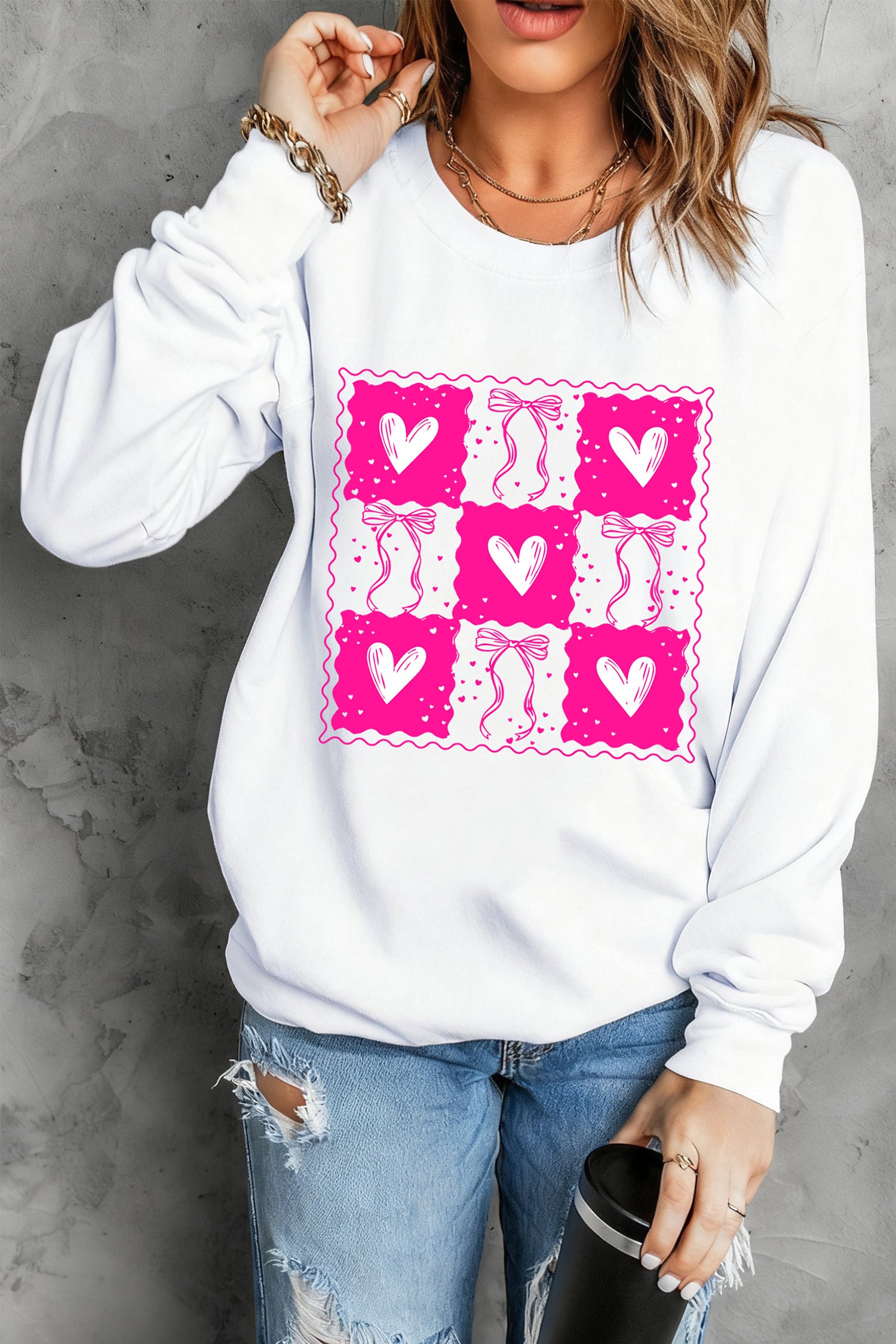 White Valentines Bow Heart Checkered Print Pullover Sweatshirt-Graphic Sweatshirts-[Adult]-[Female]-2022 Online Blue Zone Planet