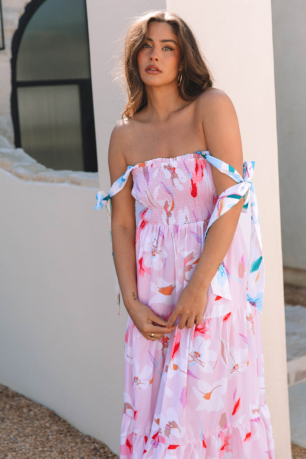 Pink Floral Print Knotted Shoulder Smocked Maxi Dress-TOPS / DRESSES-[Adult]-[Female]-2022 Online Blue Zone Planet