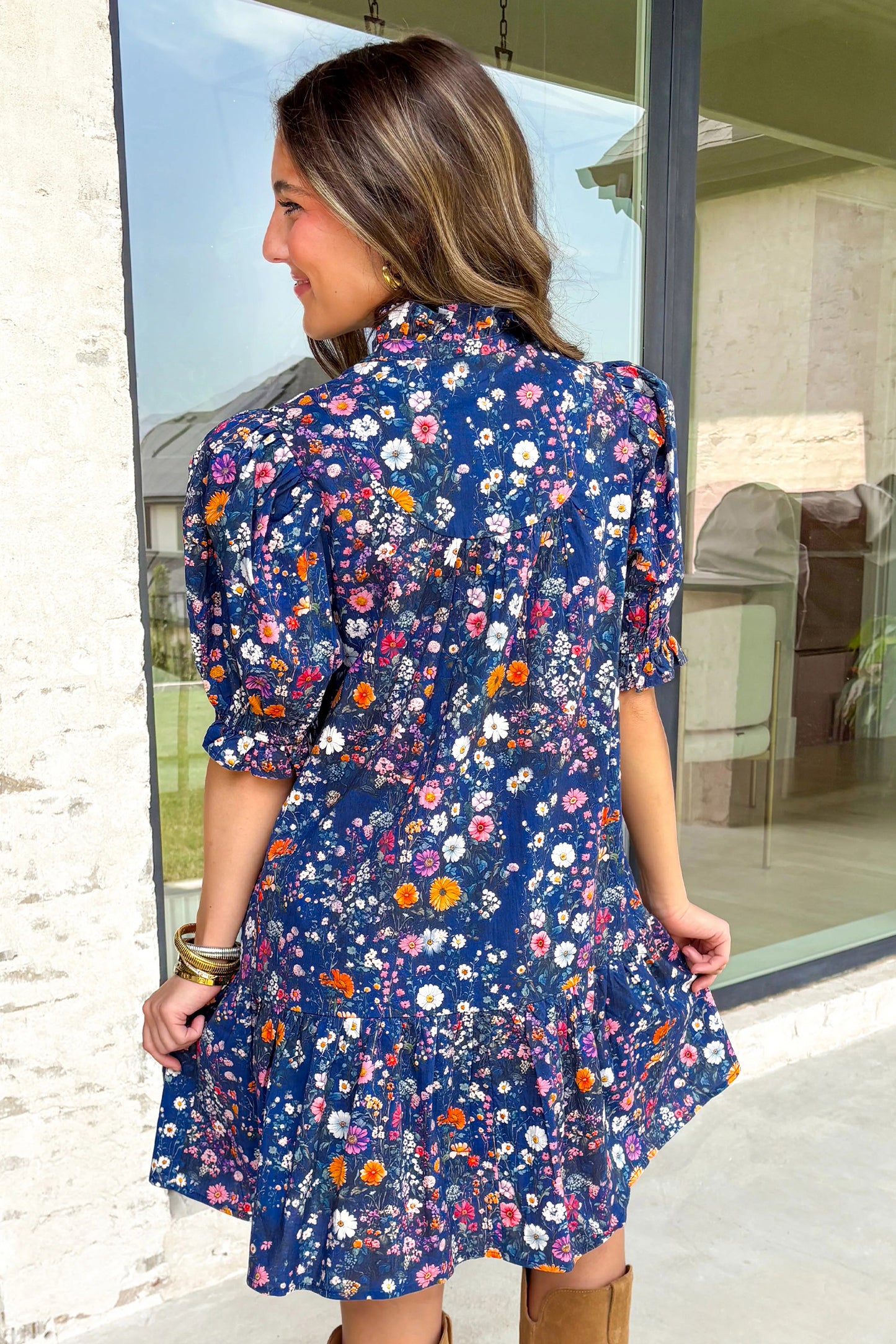 Blue Wild Daisy Floral Split Neck Short Puff Sleeve Mini Dress-TOPS / DRESSES-[Adult]-[Female]-2022 Online Blue Zone Planet