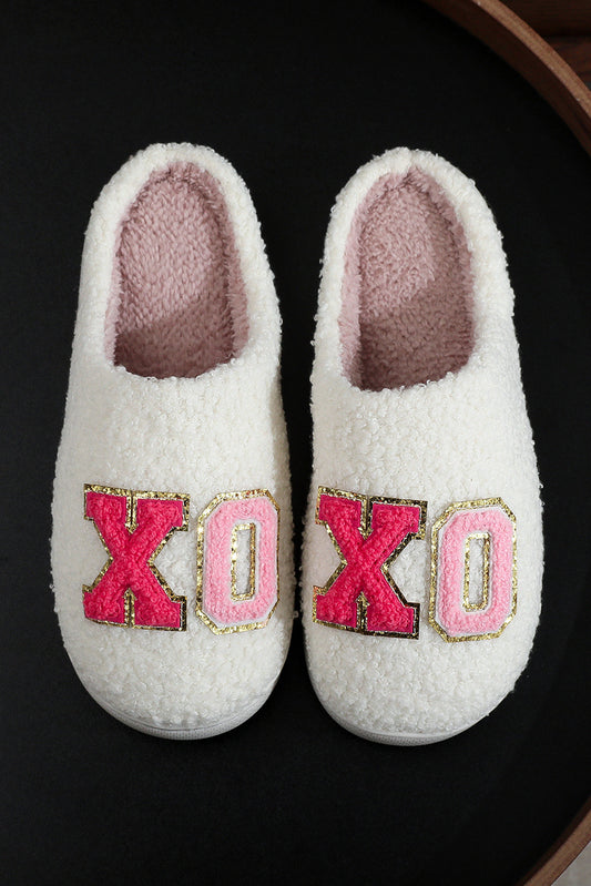 White Xo Xo Glitter Trim Letter Patched Plush House Slippers-Shoes & Bags/Slippers-[Adult]-[Female]-White-37-2022 Online Blue Zone Planet