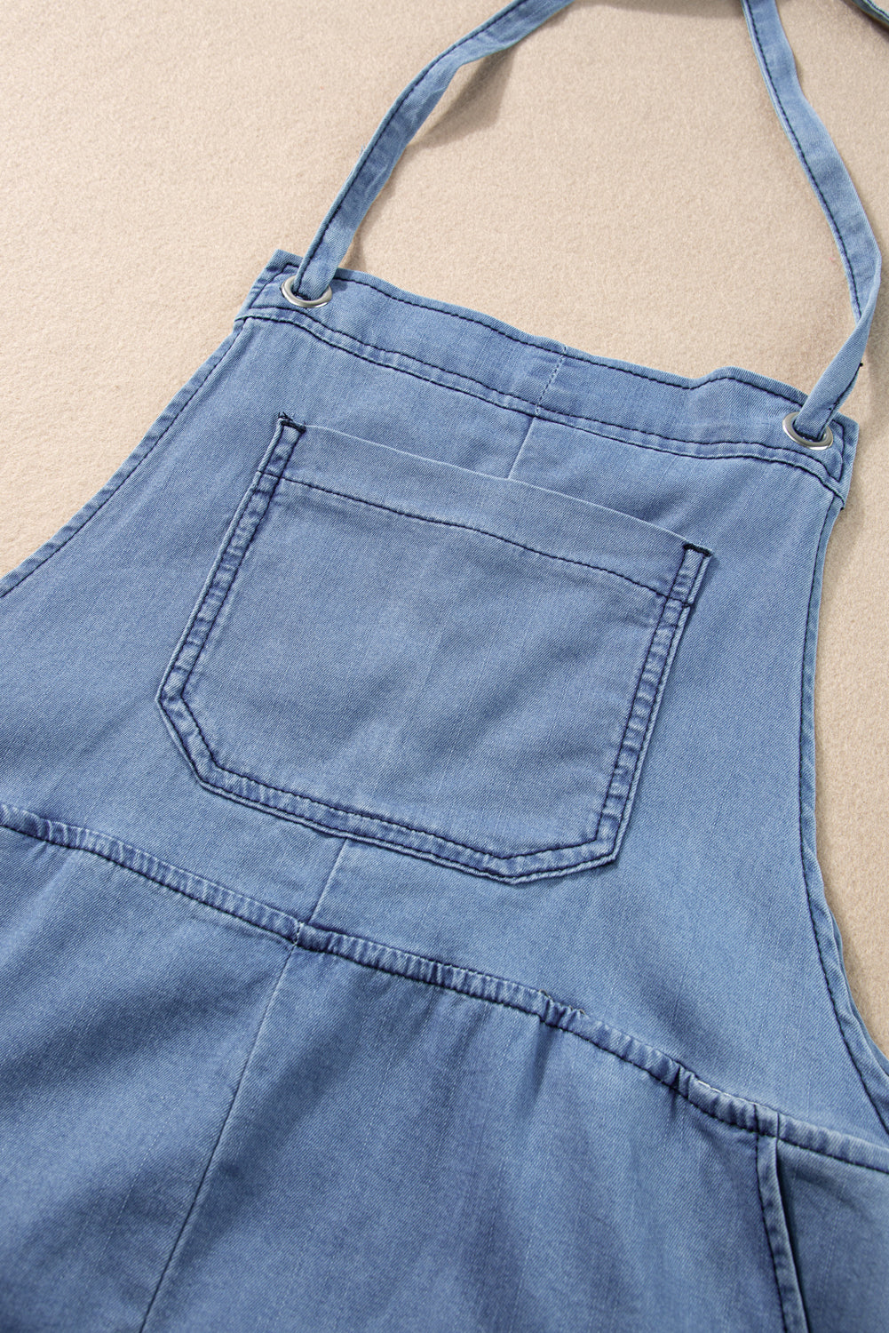 Light Blue Grommet Tie Straps Denim Romper Blue Zone Planet