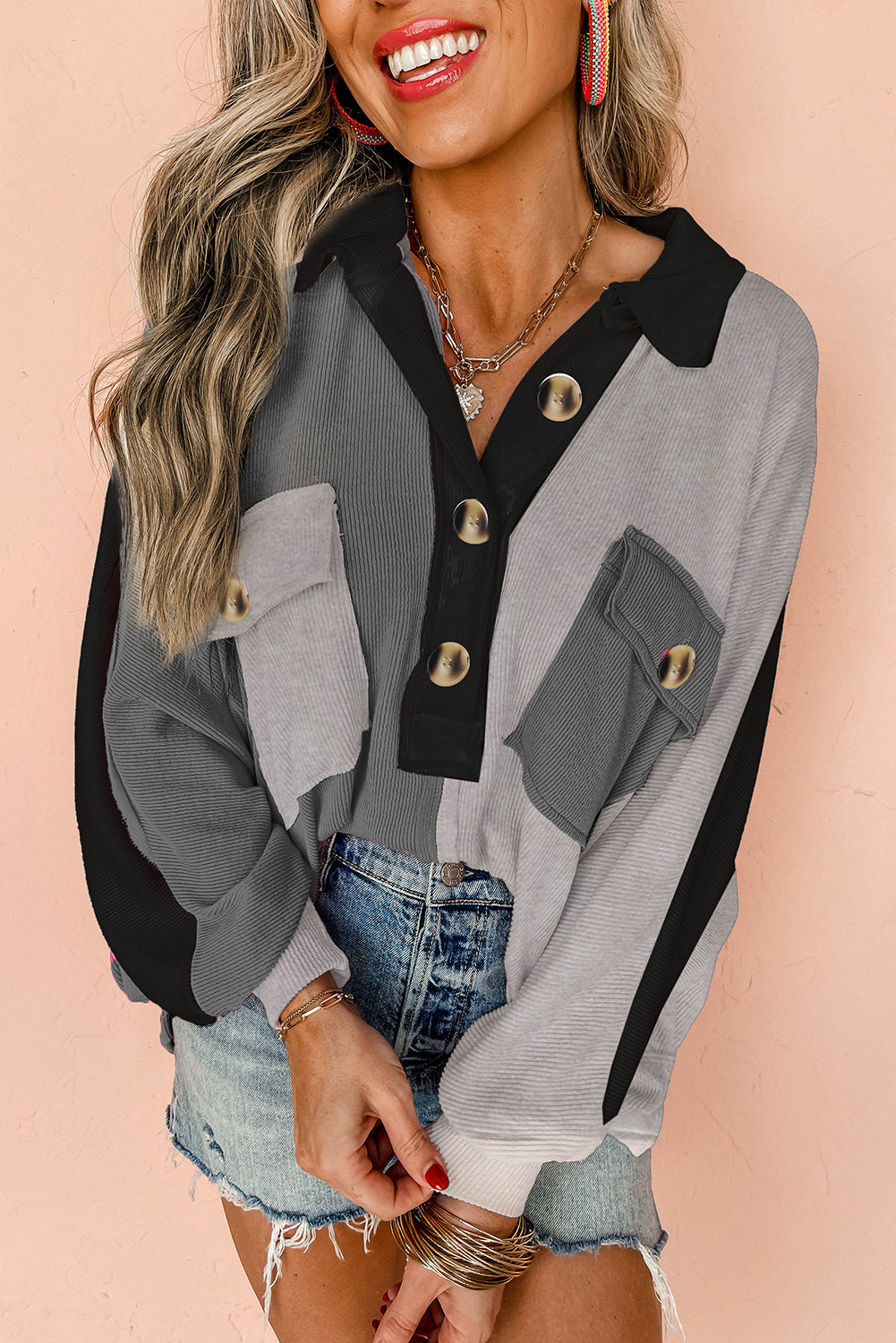 Pink Colorblock Ribbed Collared Oversized Sweatshirt-Tops/Sweatshirts & Hoodies-[Adult]-[Female]-2022 Online Blue Zone Planet