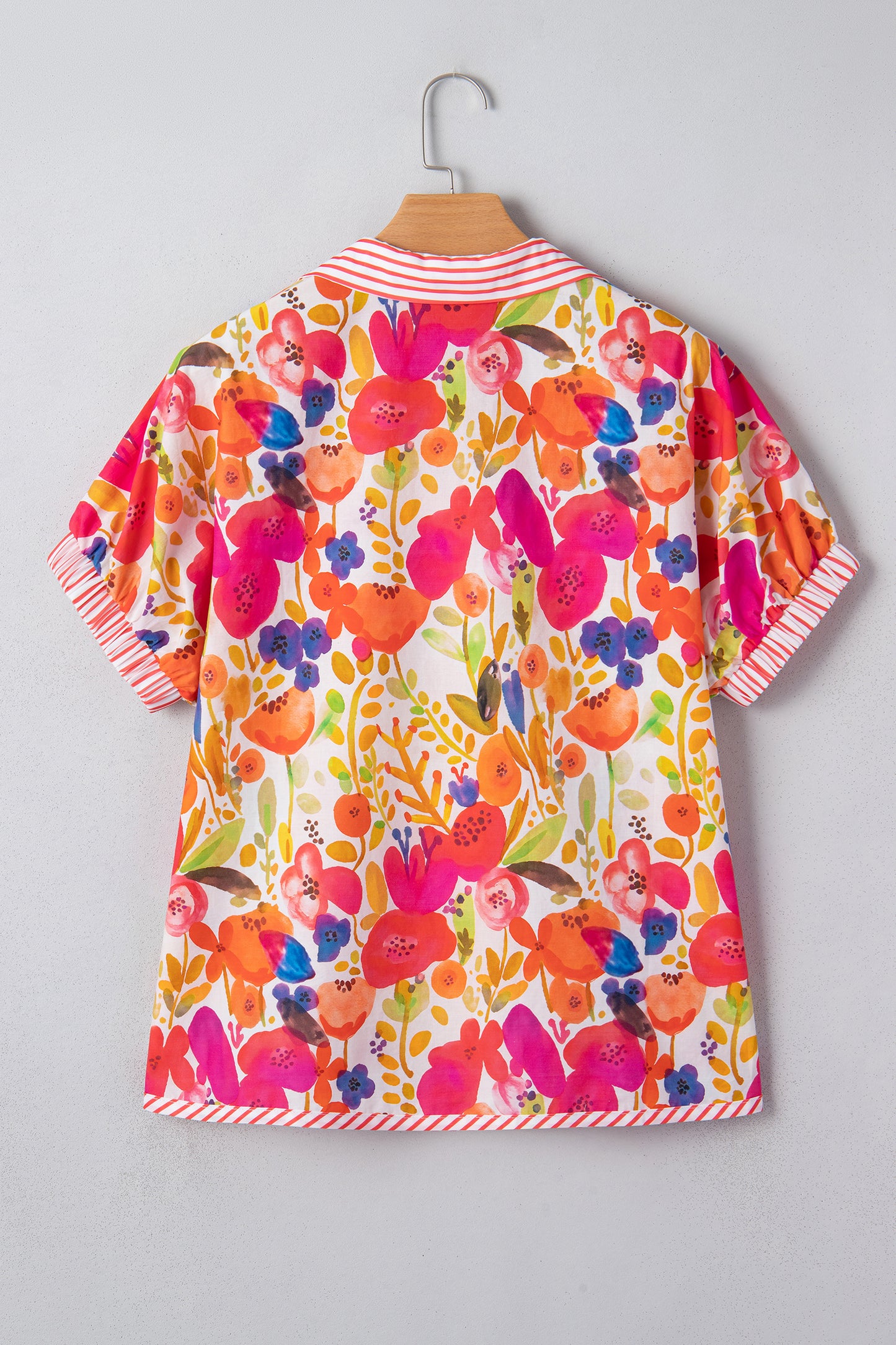Rose Striped Trim Collared V Neck Short Sleeve Floral Print Blouse-Tops/Blouses & Shirts-[Adult]-[Female]-2022 Online Blue Zone Planet