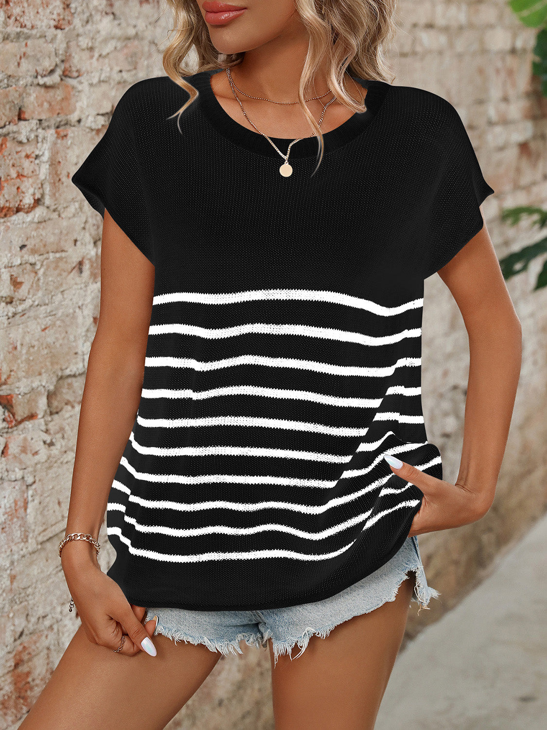 Blue Zone Planet | Mandy Striped Round Neck Short Sleeve Knit Top-TOPS / DRESSES-[Adult]-[Female]-Black-S-2022 Online Blue Zone Planet