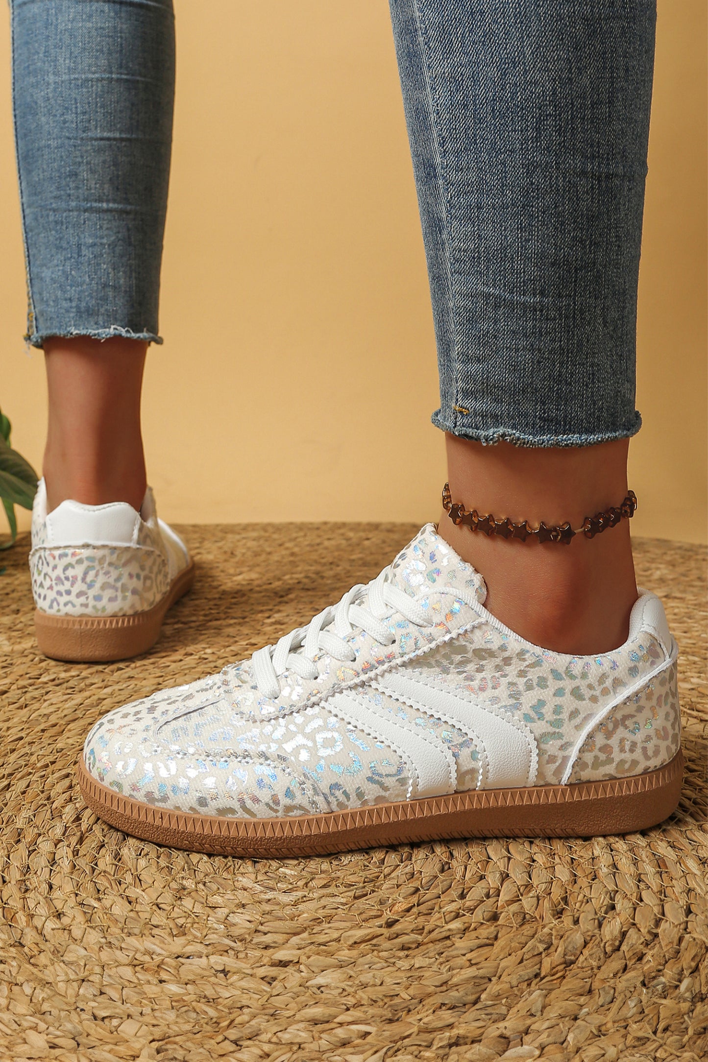 Coffee PU Leather Detail Shimmer Leopard Printed Lace-up Sneakers