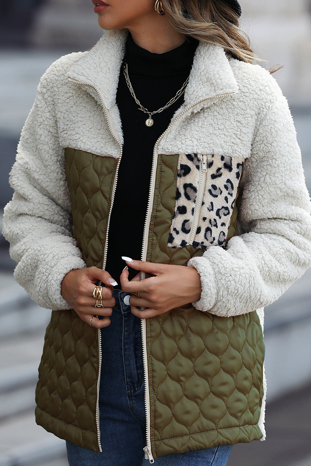 Chestnut Sherpa Quilted Leopard Patchwork Stand Neck Zip Up Jacket-Outerwear/Jackets-[Adult]-[Female]-Moss Green-S-2022 Online Blue Zone Planet