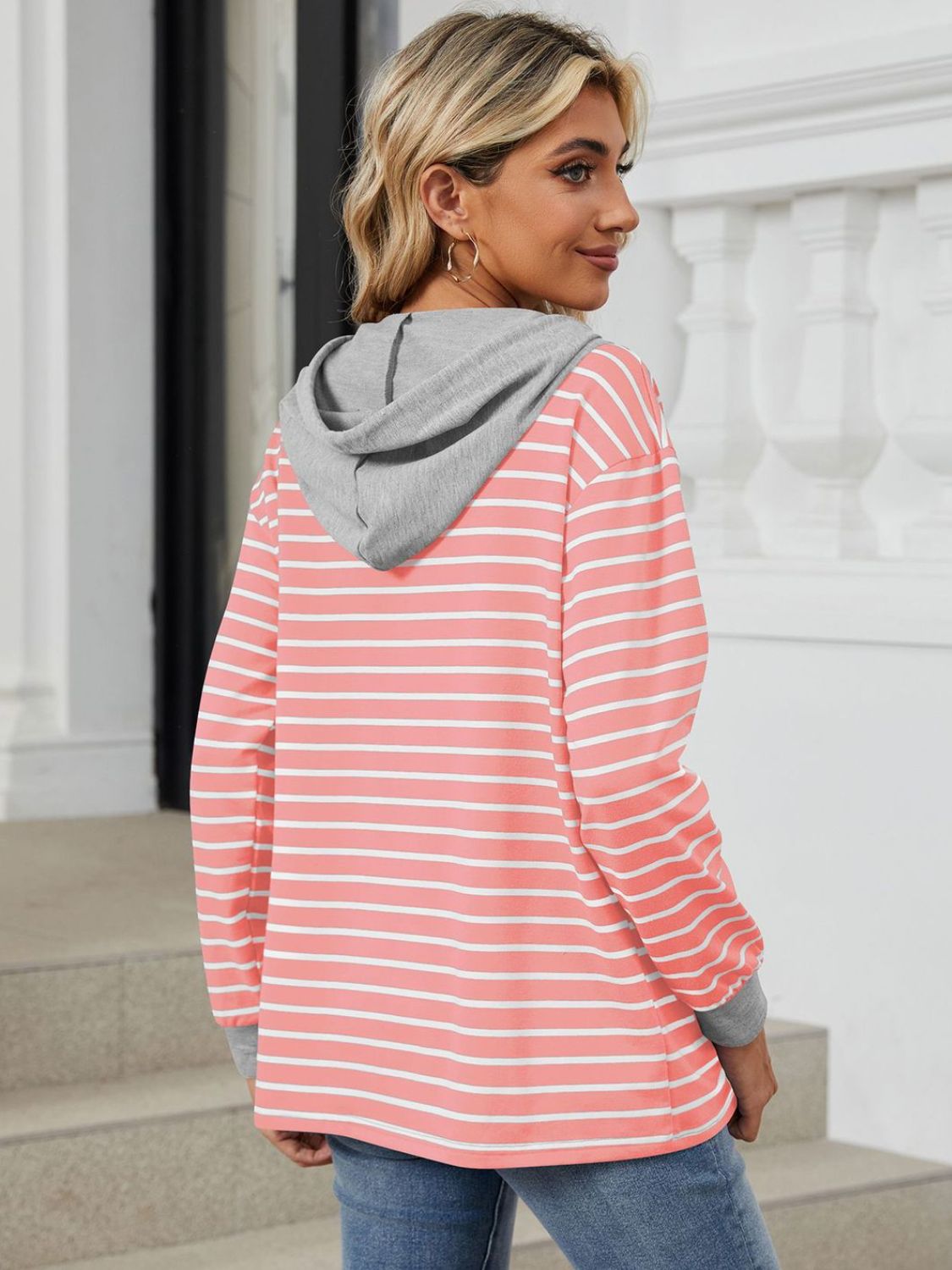 Drawstring Striped Long Sleeve Hoodie-HOODIES-[Adult]-[Female]-2022 Online Blue Zone Planet