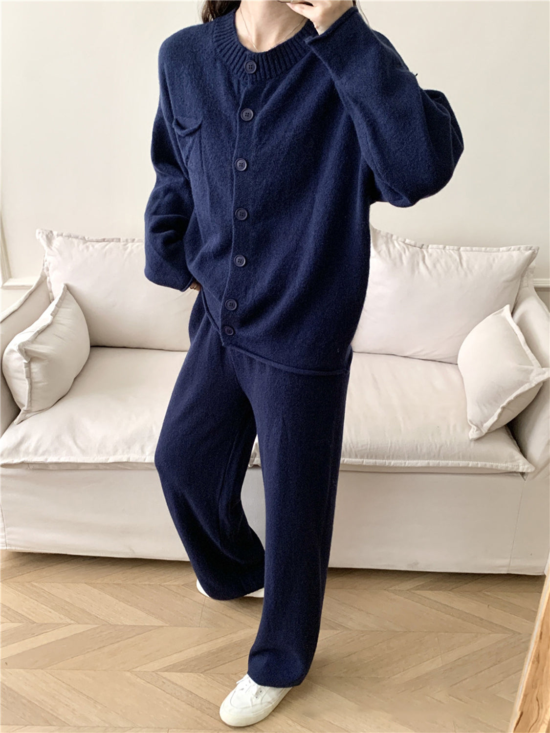 Pocketed Round Neck Button Up Cardigan and Pants Sweater Set-TOPS / DRESSES-[Adult]-[Female]-2022 Online Blue Zone Planet