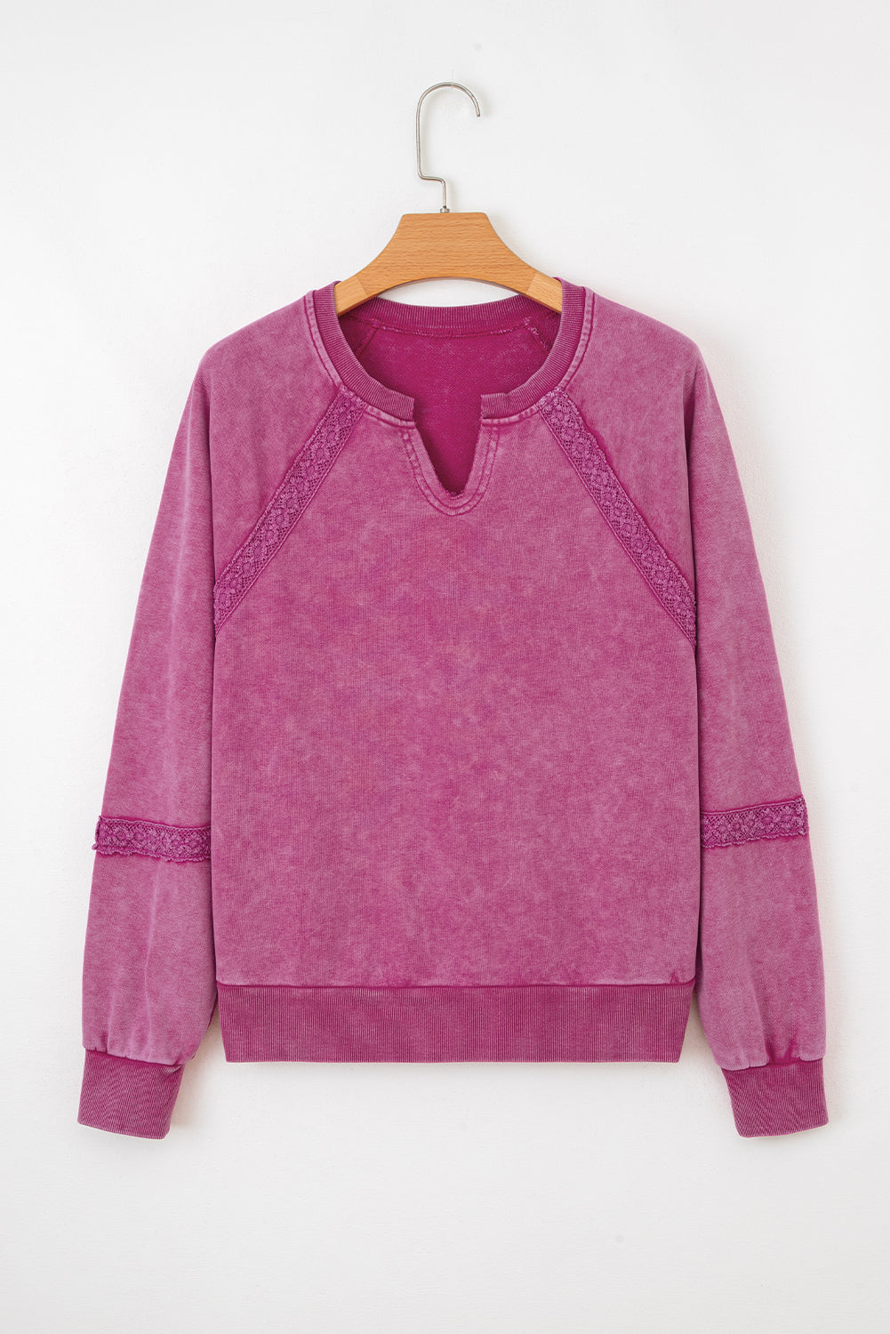 Rose Red Lace Patchwork Detail Notched Neck Mineral Wash Baggy Sweatshirt-Tops/Sweatshirts & Hoodies-[Adult]-[Female]-2022 Online Blue Zone Planet