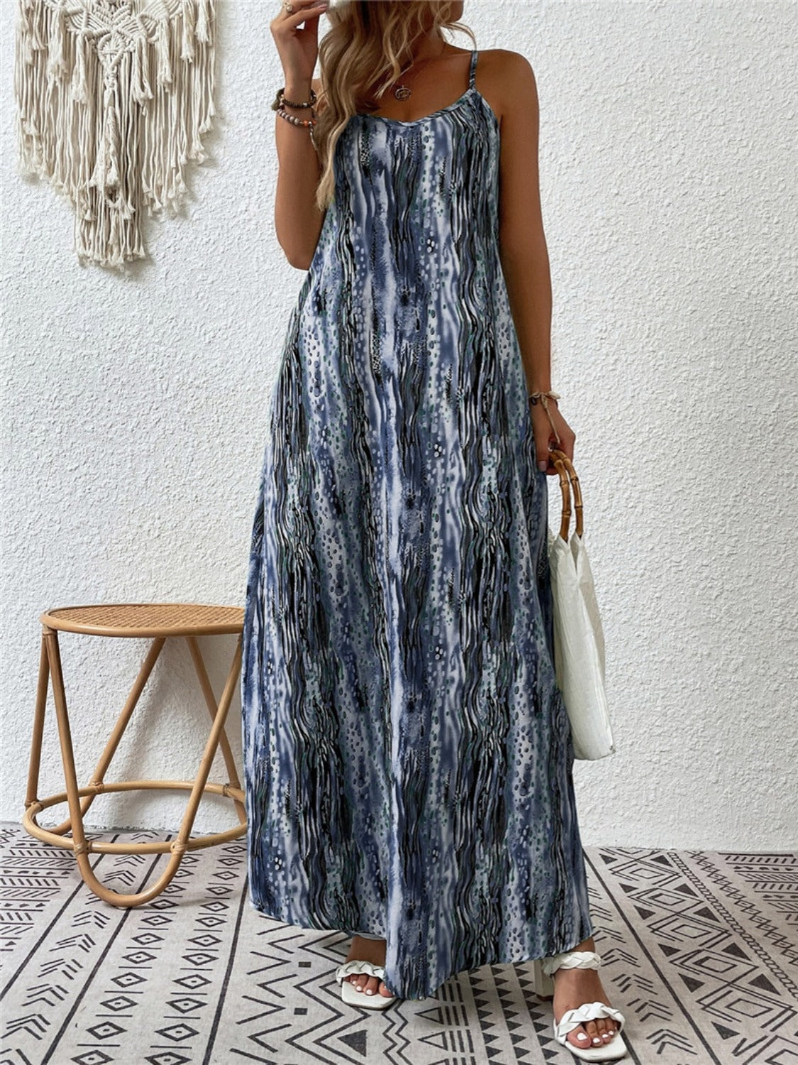 Full Size Printed Scoop Neck Maxi Cami Dress-TOPS / DRESSES-[Adult]-[Female]-Dusty Blue-S-2022 Online Blue Zone Planet