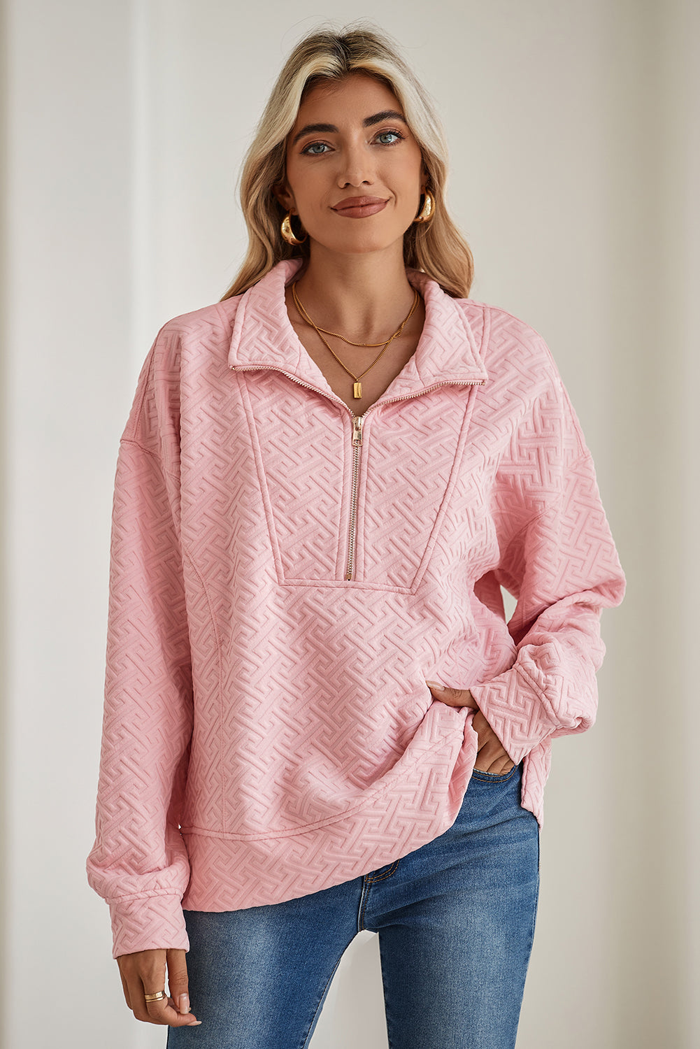 Light Pink Solid Textured Half Zipper Collared Sweatshirt-Sweatshirts & Hoodies-[Adult]-[Female]-2022 Online Blue Zone Planet