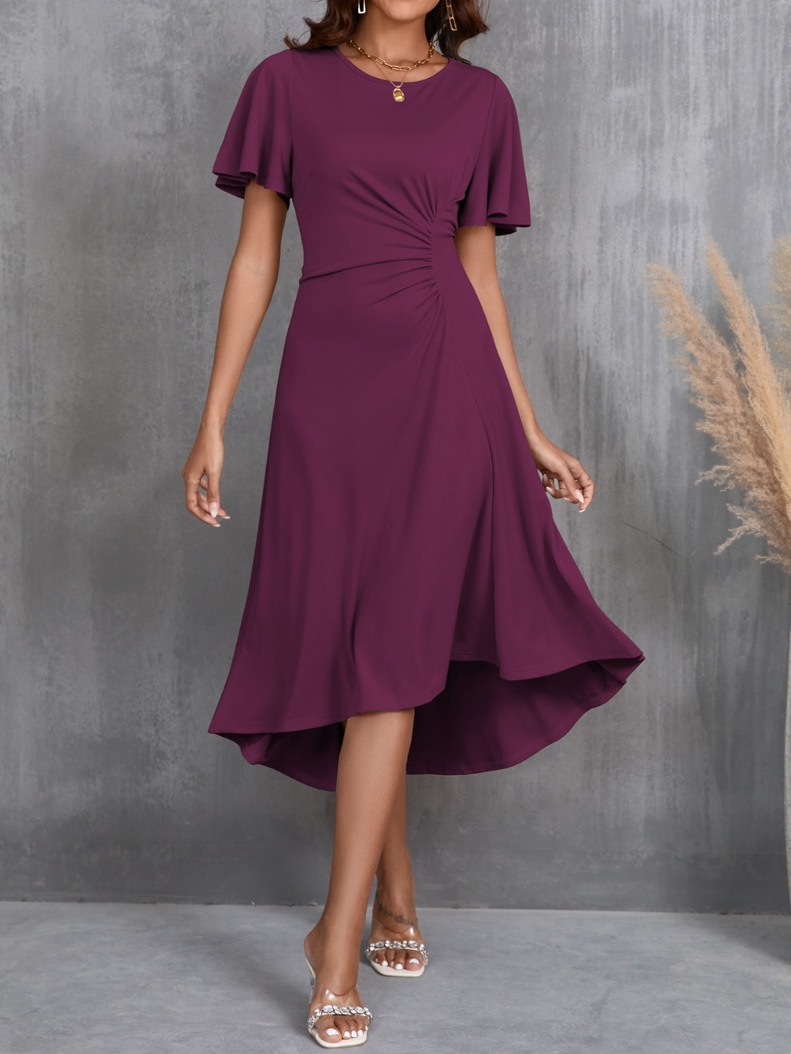 Blue Zone Planet | Round Neck Flutter Sleeve Midi Dress-TOPS / DRESSES-[Adult]-[Female]-Deep Purple-S-2022 Online Blue Zone Planet