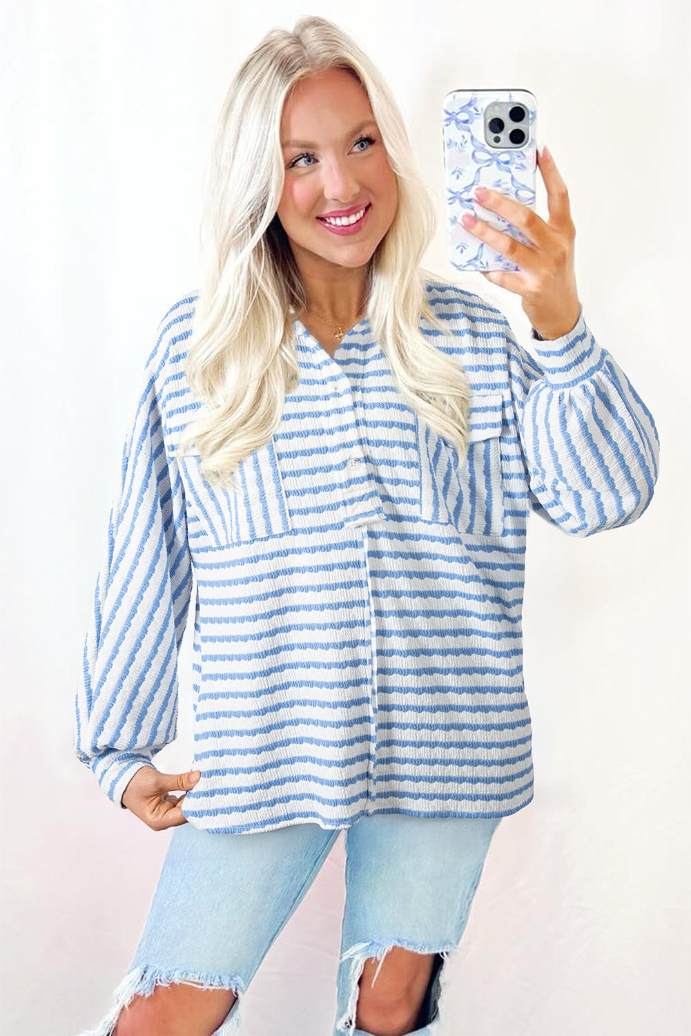 Sky Blue Stripe Half Button Collared Chest Pockets Loose Fit Blouse-Tops/Blouses & Shirts-[Adult]-[Female]-2022 Online Blue Zone Planet